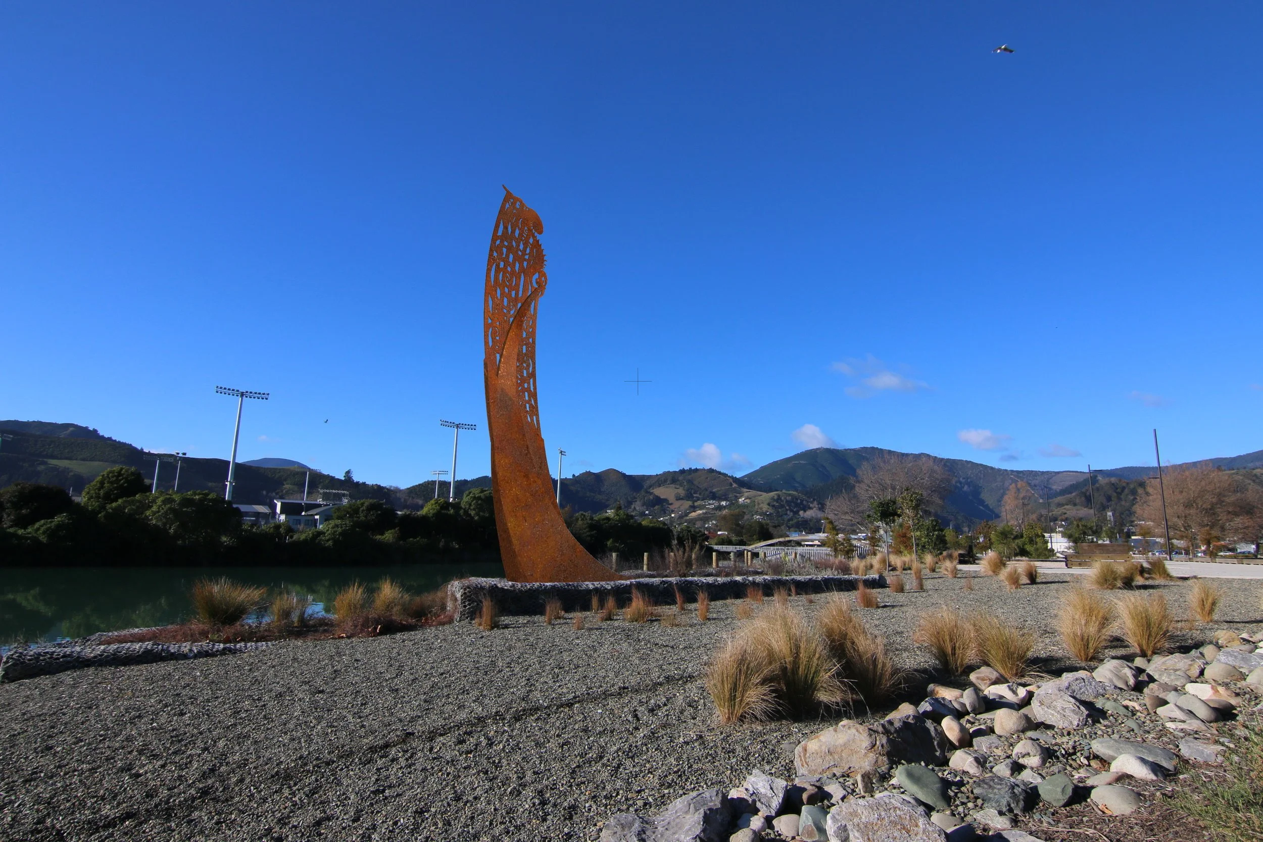 Cortin steel sculpture of Taupara (Waka prow) designed by artist Maia Heggland and refined detailing for steel-cutting by architectural designer Keni-Duke Hetet,
