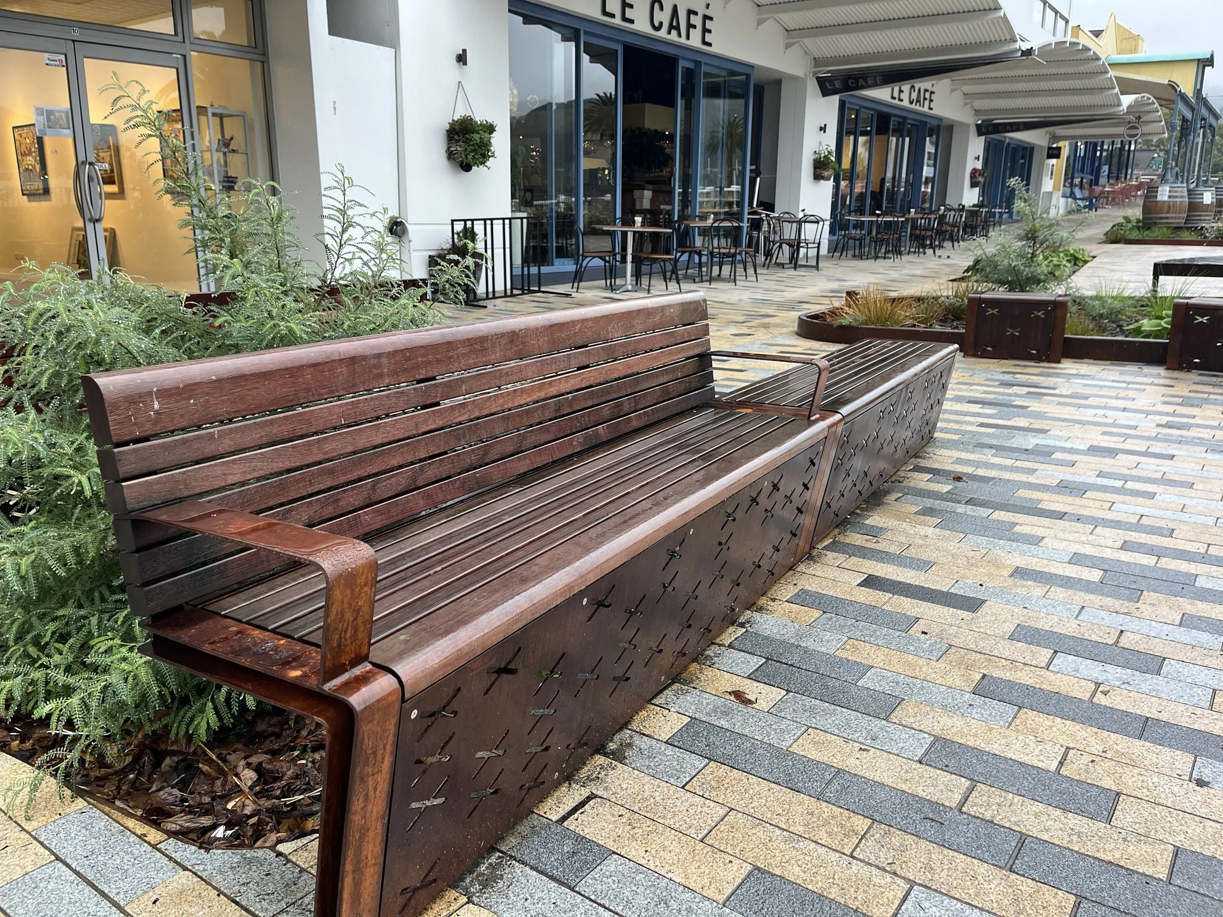 Whetu patterning of bench seat London Quay Picton by Architectural Designers Waka Group
