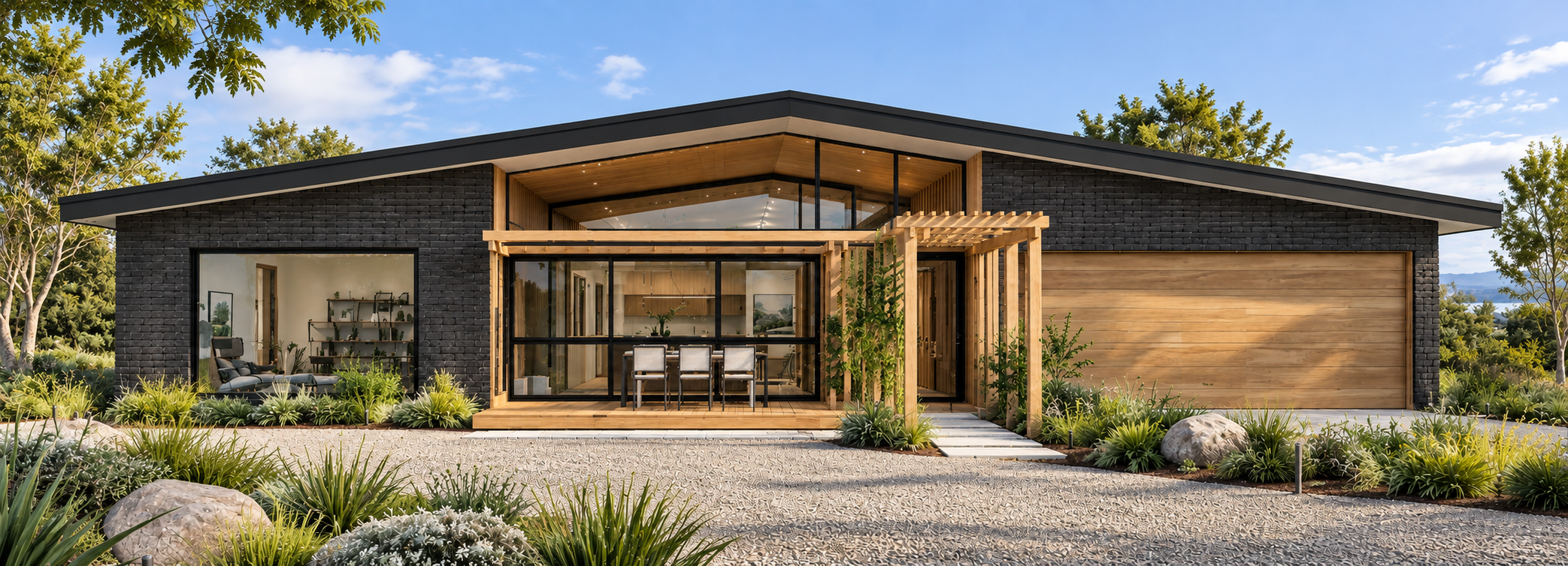 Modern single-story house with a black brick facade, large glass windows, and wooden accents, surrounded by lush landscaping and trees under a blue sky.