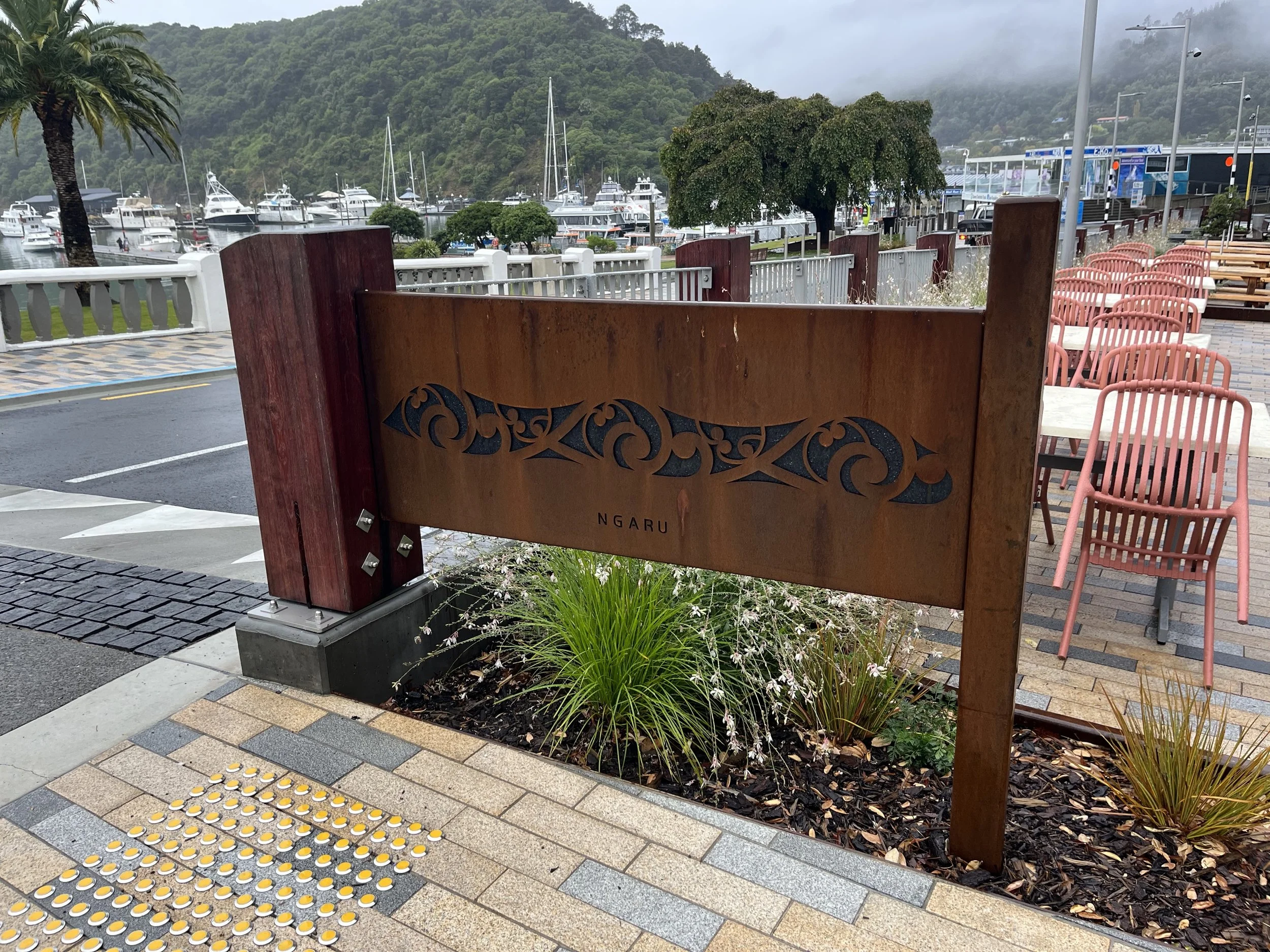 Ngaru Patterning on Corten steel panel looking down London Quay in Picton