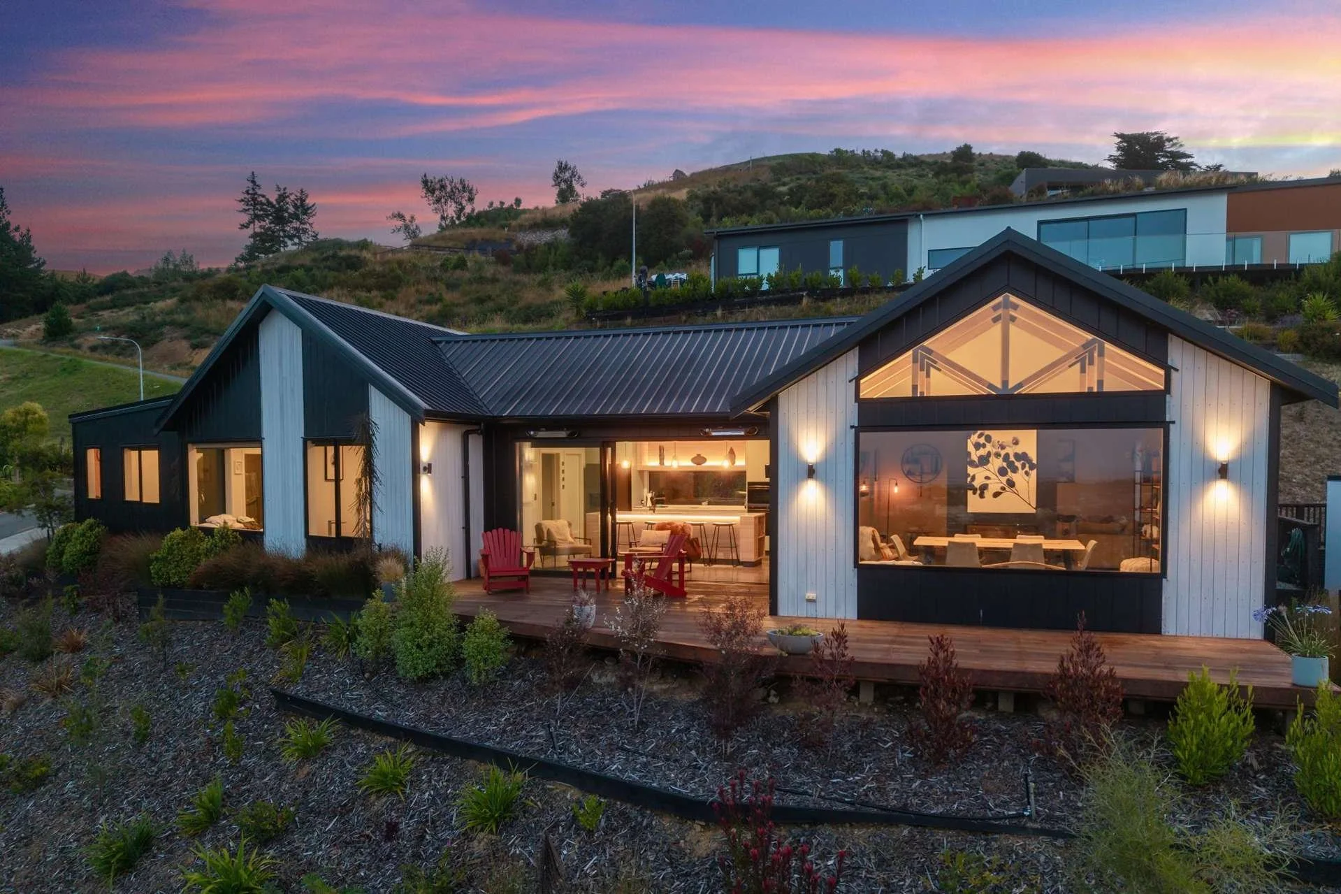 Front of new home, Nelson, sunset