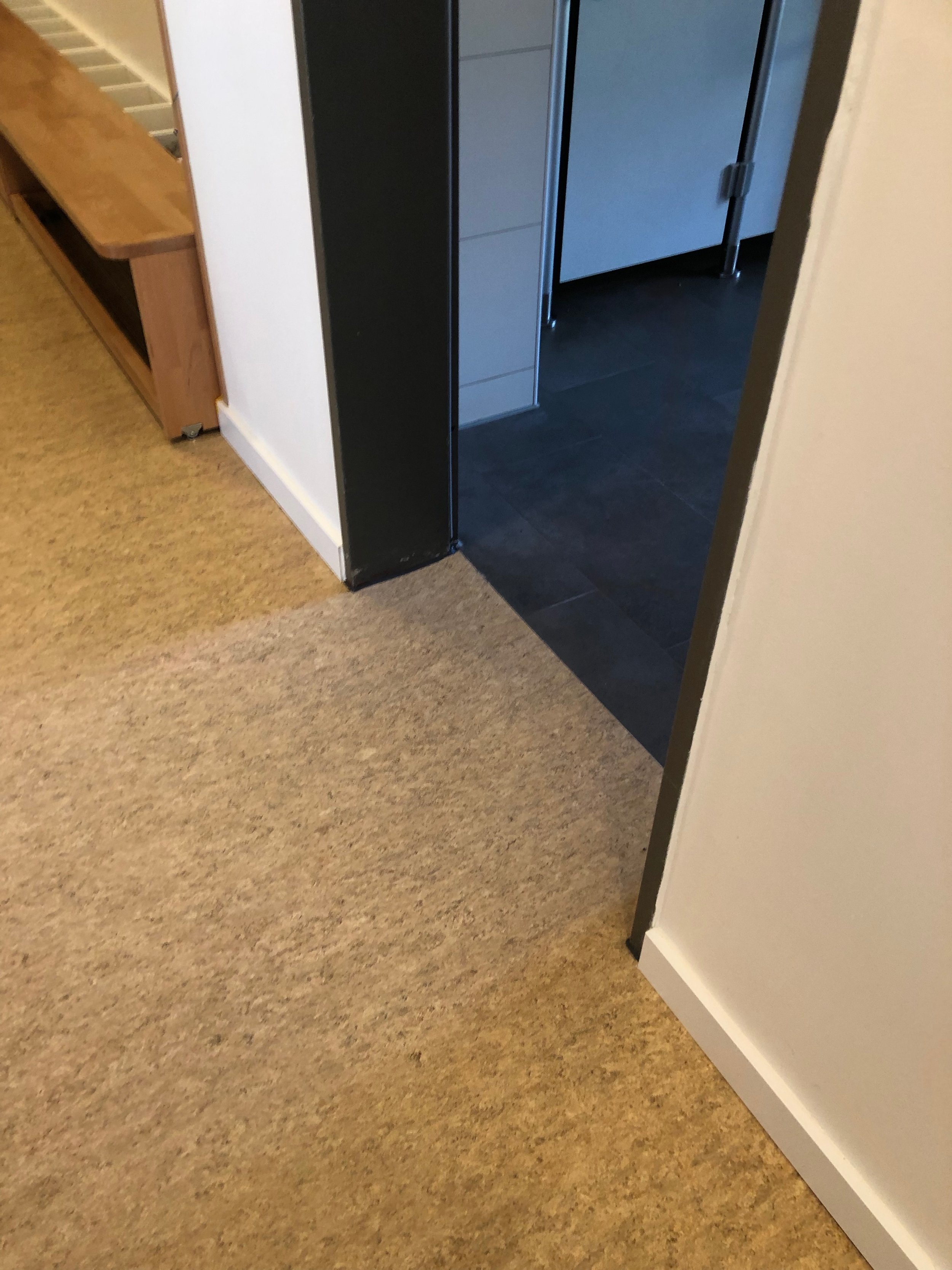 Ein Blick in einen Flur, der in einen Raum mit dunklem Boden führt, das Türrahmen ist sichtbar, und es sind Möbel und eine Tür im Hintergrund zu sehen.