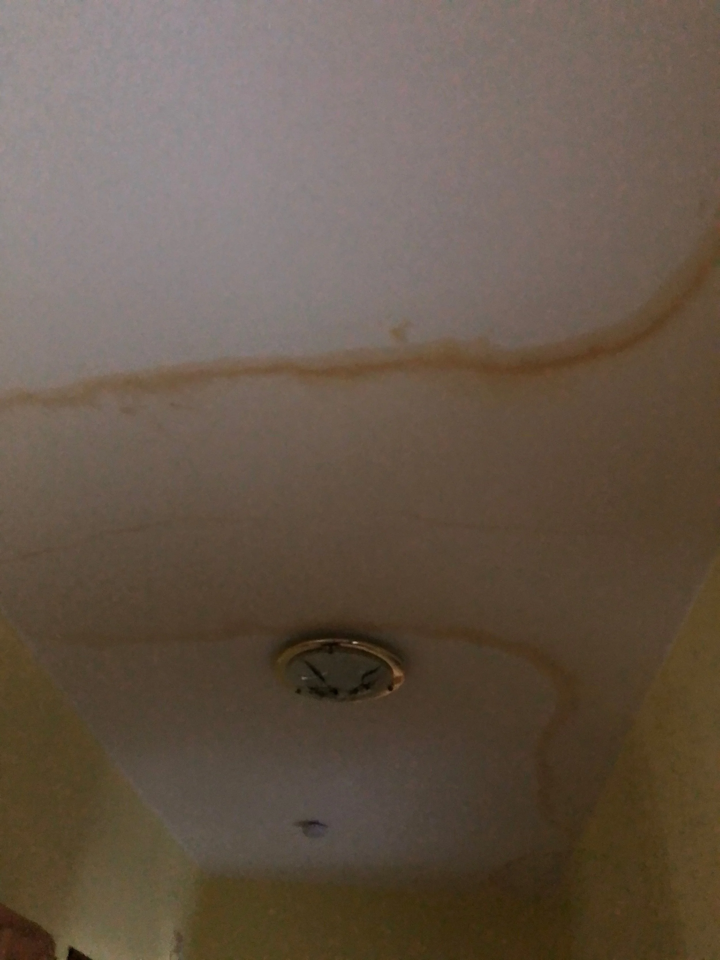 Decke mit Wasserflecken und einem alten, runden Deckenventilator.