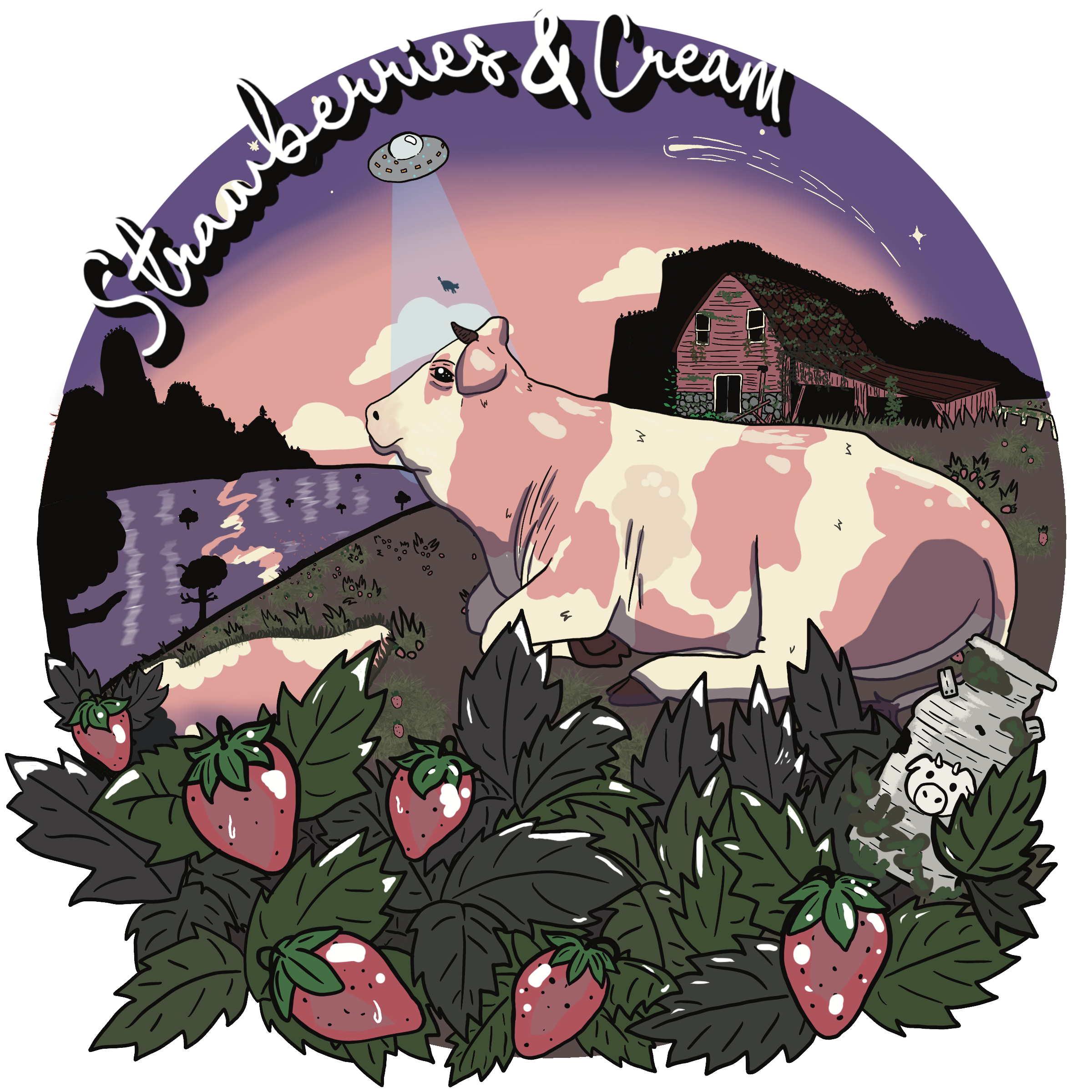 This is the design I ran with the most. I love cows, and everything they're associated with. I pulled inspiration from the strawberry fields in Steven Universe, and ran with the idea of cows that get abducted. Its also the piece that taught be how to