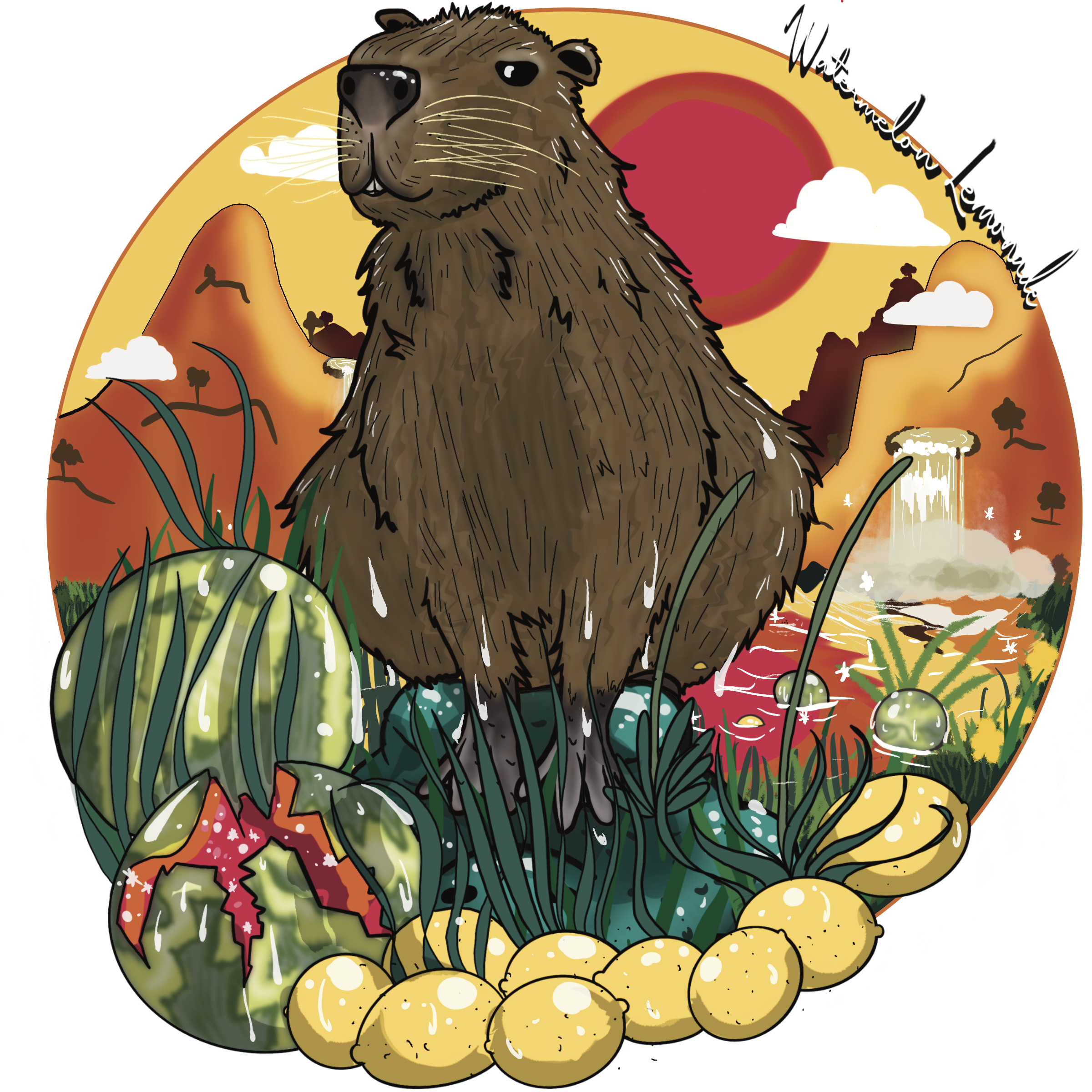 She asked for a Cabybara. My favorite fact about them is that they are one of the most chill creatures on the planet, even with the sharpest predators. Can you see the apex predator in the art?