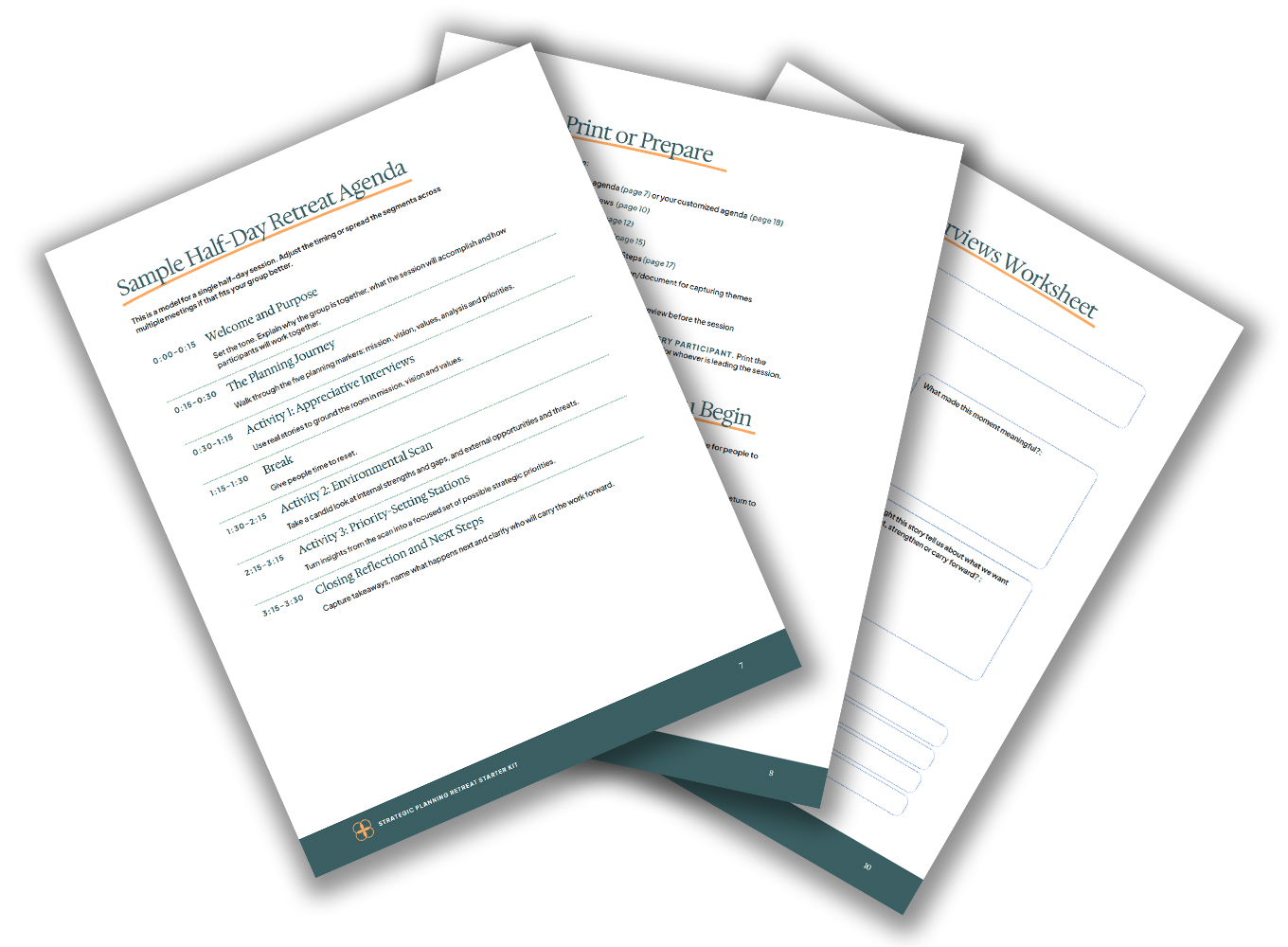 fanned pages of free strategic planning retreat starter kit resource