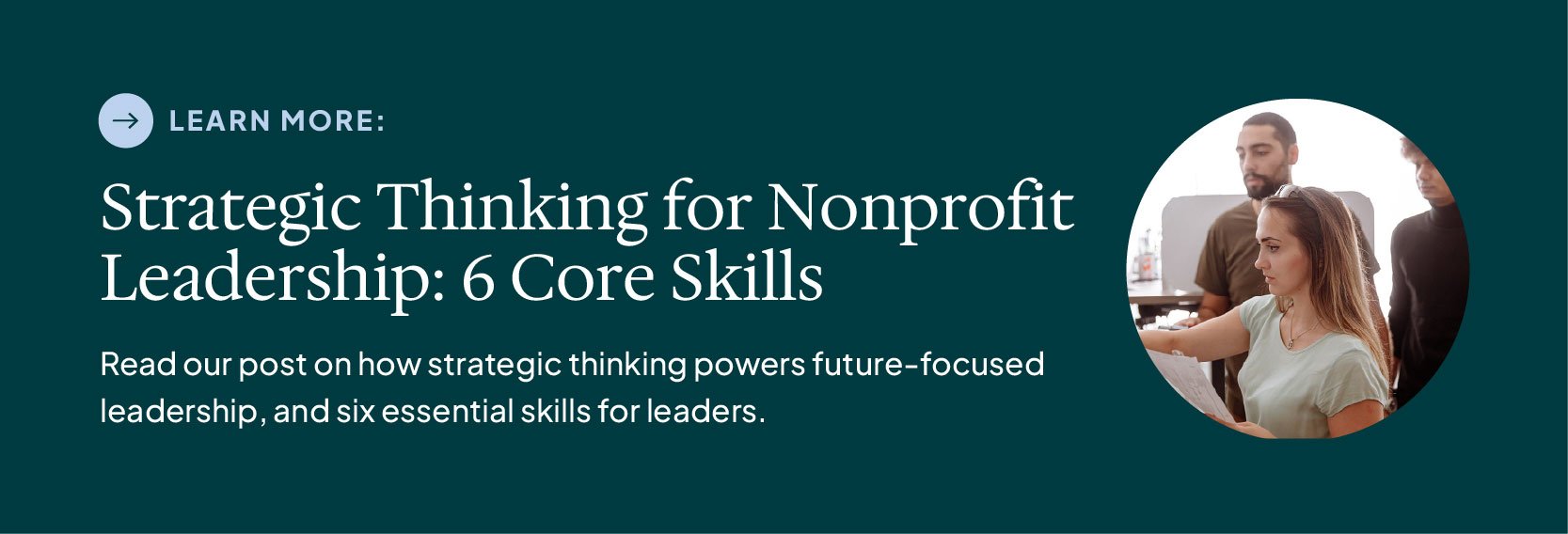 graphic with text promoting "Strategic Thinking for Nonprofit Leadership: 6 Core Skills" blog post