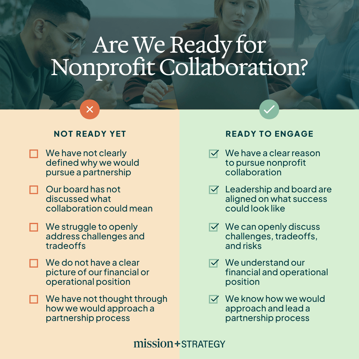 Checklist graphic showing signs an organization is ready or not ready for nonprofit collaboration and partnerships