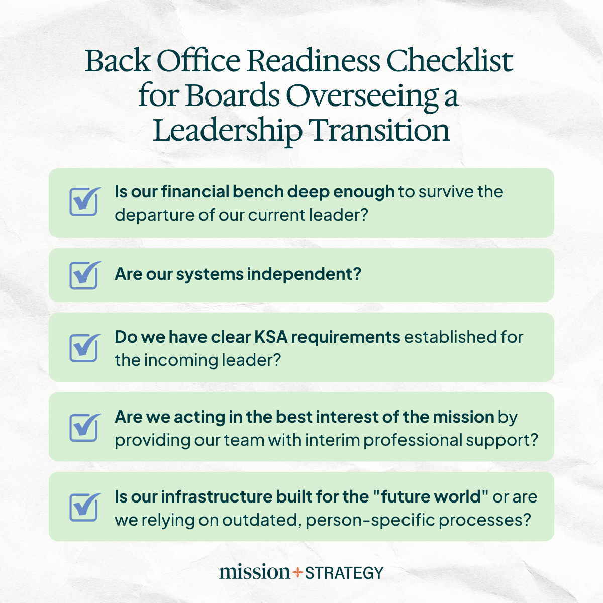 diagram showing 5-question back office readiness checklist for boards overseeing a leadership transition