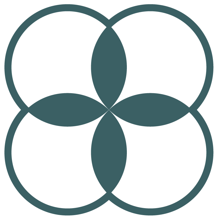 Mission + Strategy's brand icon graphic in teal color, its design is four circles that overlap symmetrically to create a plus sign shape in the middle and represent collaboration