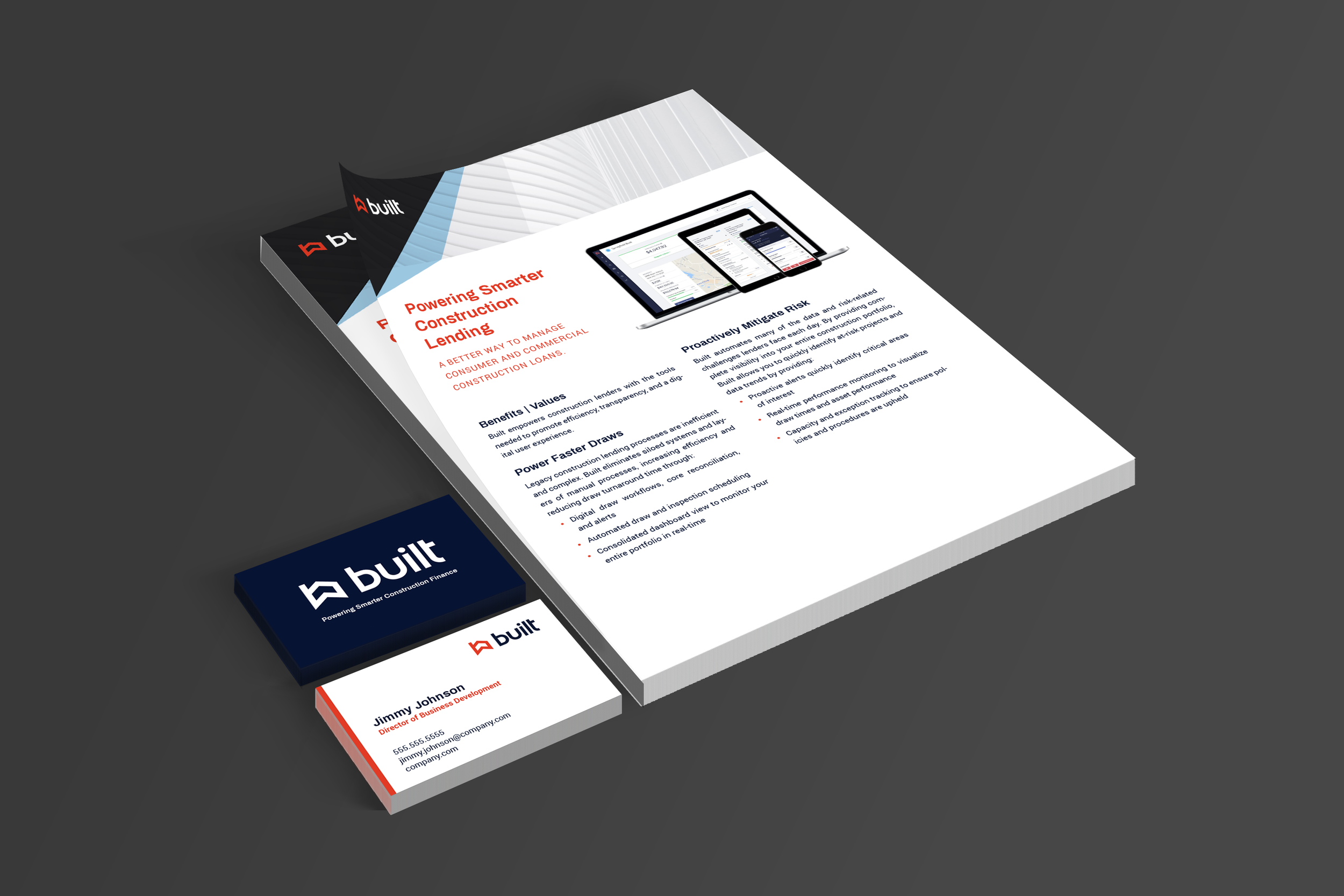 Business brochure for 'Built' construction financing company, featuring services, benefits, and contact information, along with logo and marketing materials.