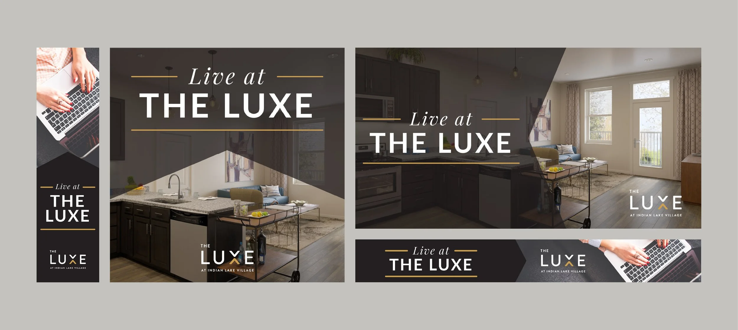 Advertisement for The Luxe apartments at Indian Lake Village, showing images of a kitchen, living room, and a person typing on a laptop, with the text 'Live at THE LUXE' repeated across the images.