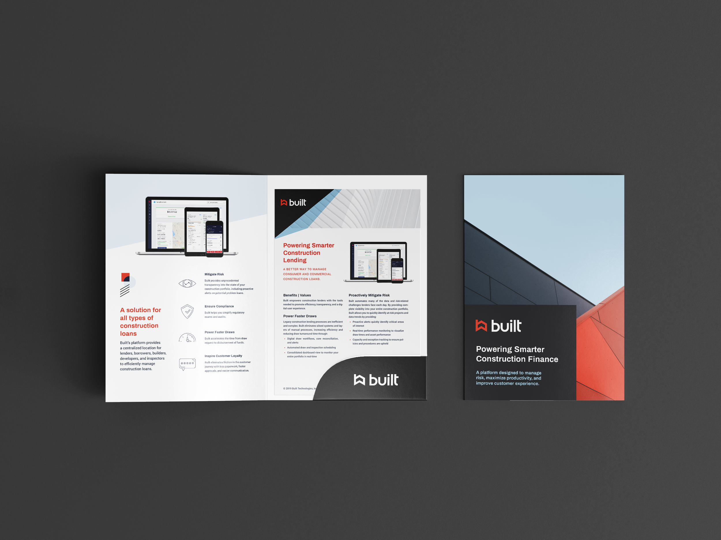 A printed brochure and a flyer for Built platform, featuring the headline 'Powering Smarter Construction Finance' and containing images of digital devices displaying the platform, with a modern geometric background.