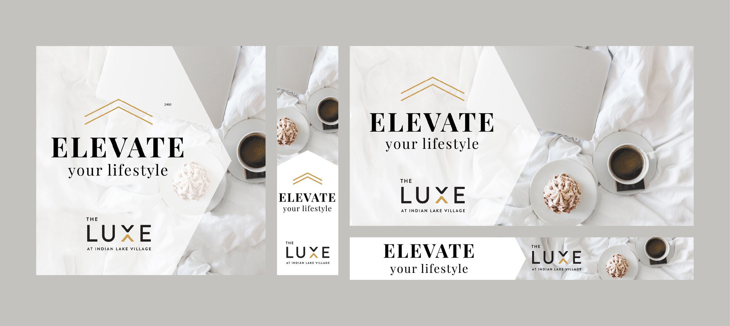 Promotional graphic for 'Elevate Your Lifestyle' at Indian Lake Village, featuring a white bed with a laptop, cup of coffee, and dessert.