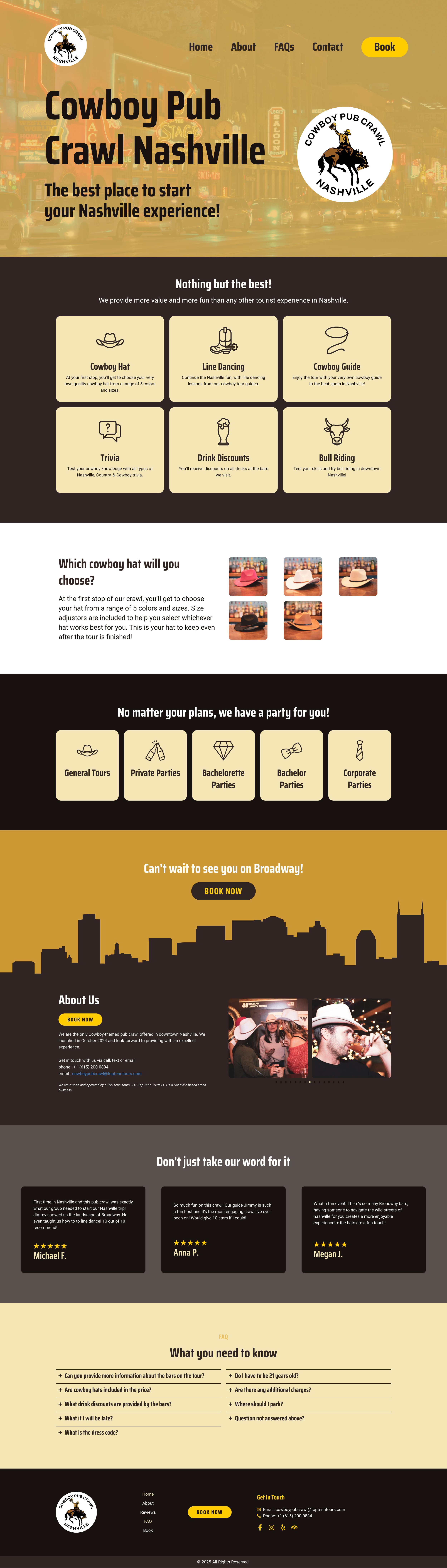 Website for Cowboy Pub Crawl Nashville with a city skyline silhouette, menu options, and promotional offers for pub crawl experiences in Nashville.