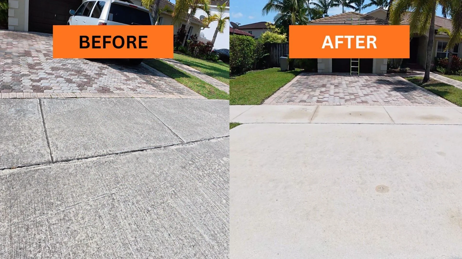 Pressure washing oil stains off a driveway in Kendall, FL