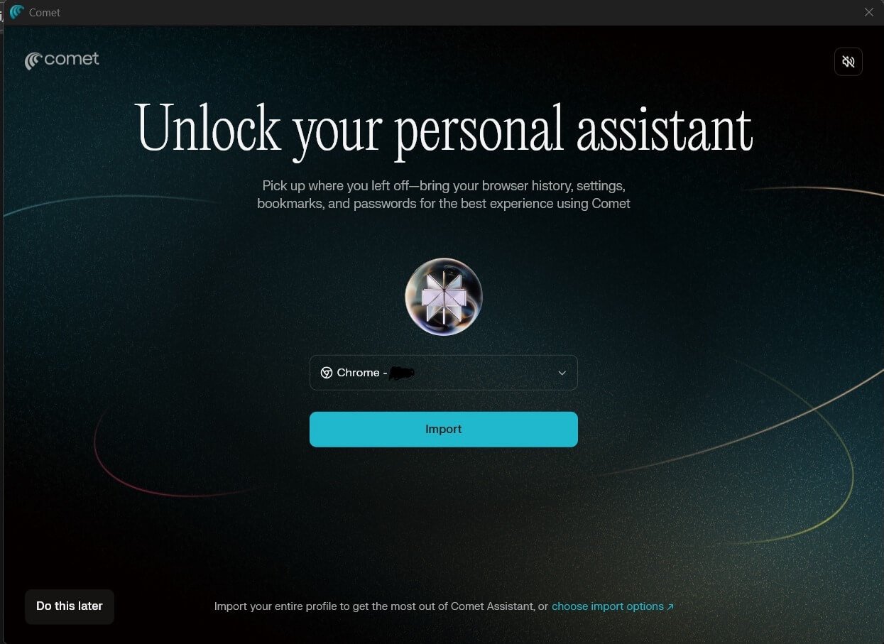 Import browser data from Chrome to Comet browser setup screen