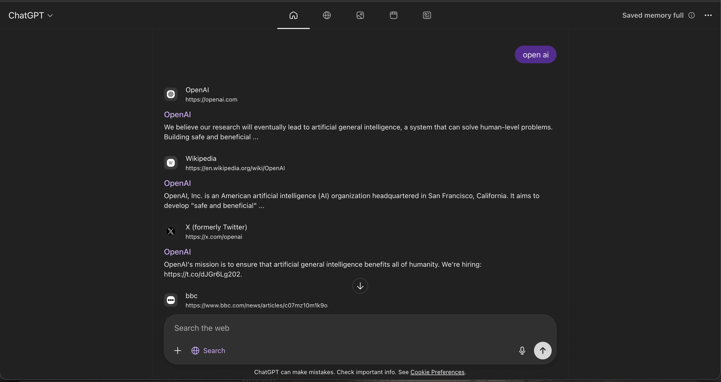 ChatGPT Atlas browser homepage showing search bar with AI suggestions and web browsing interface