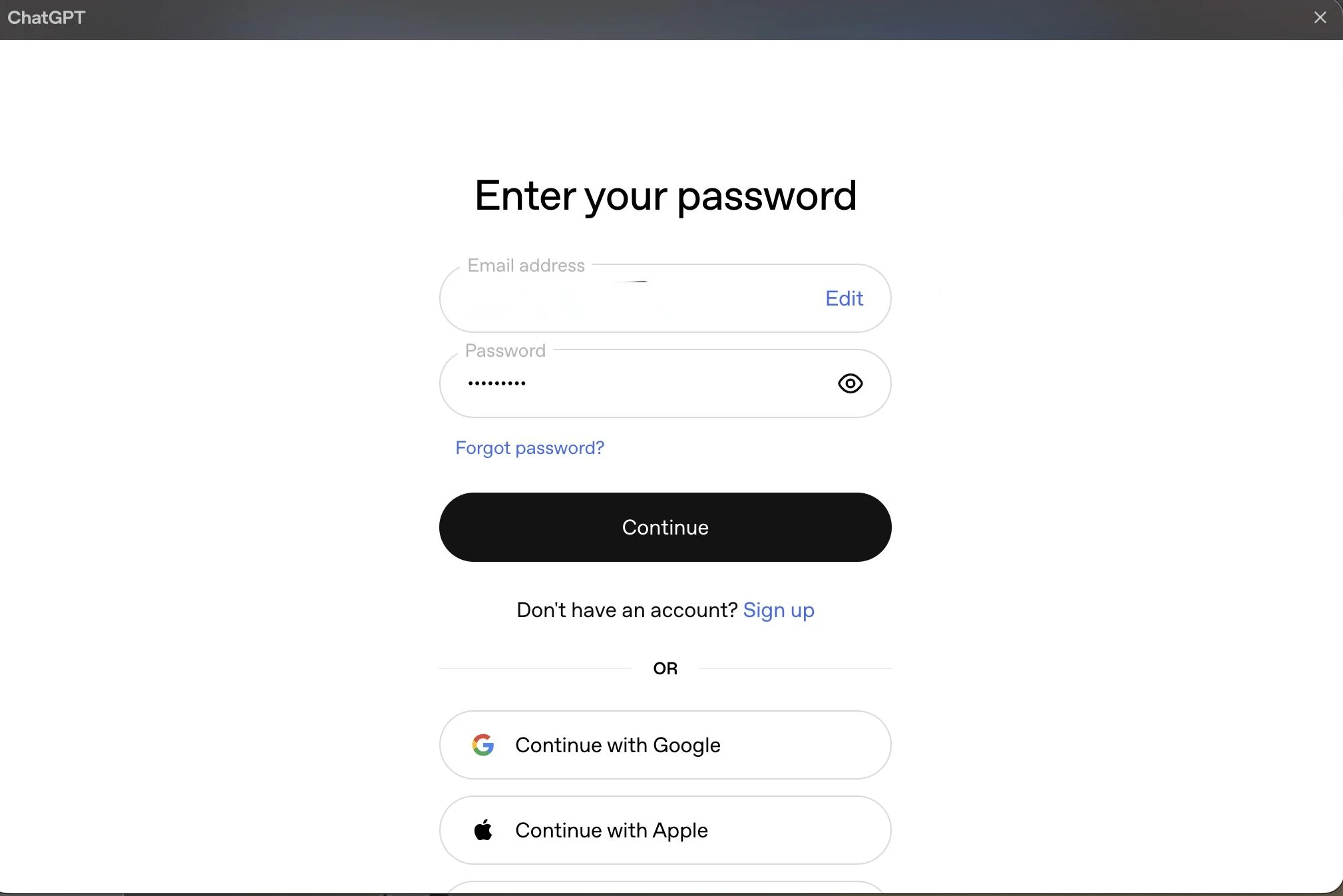 ChatGPT Atlas browser sign in screen with email and password login options