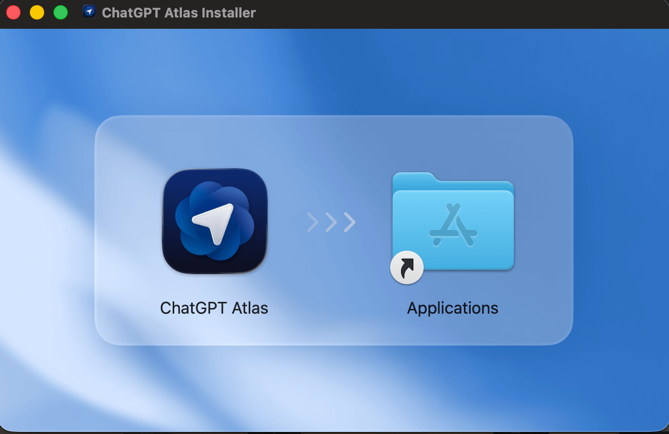 ChatGPT Atlas installer window showing drag and drop to Applications folder on Mac