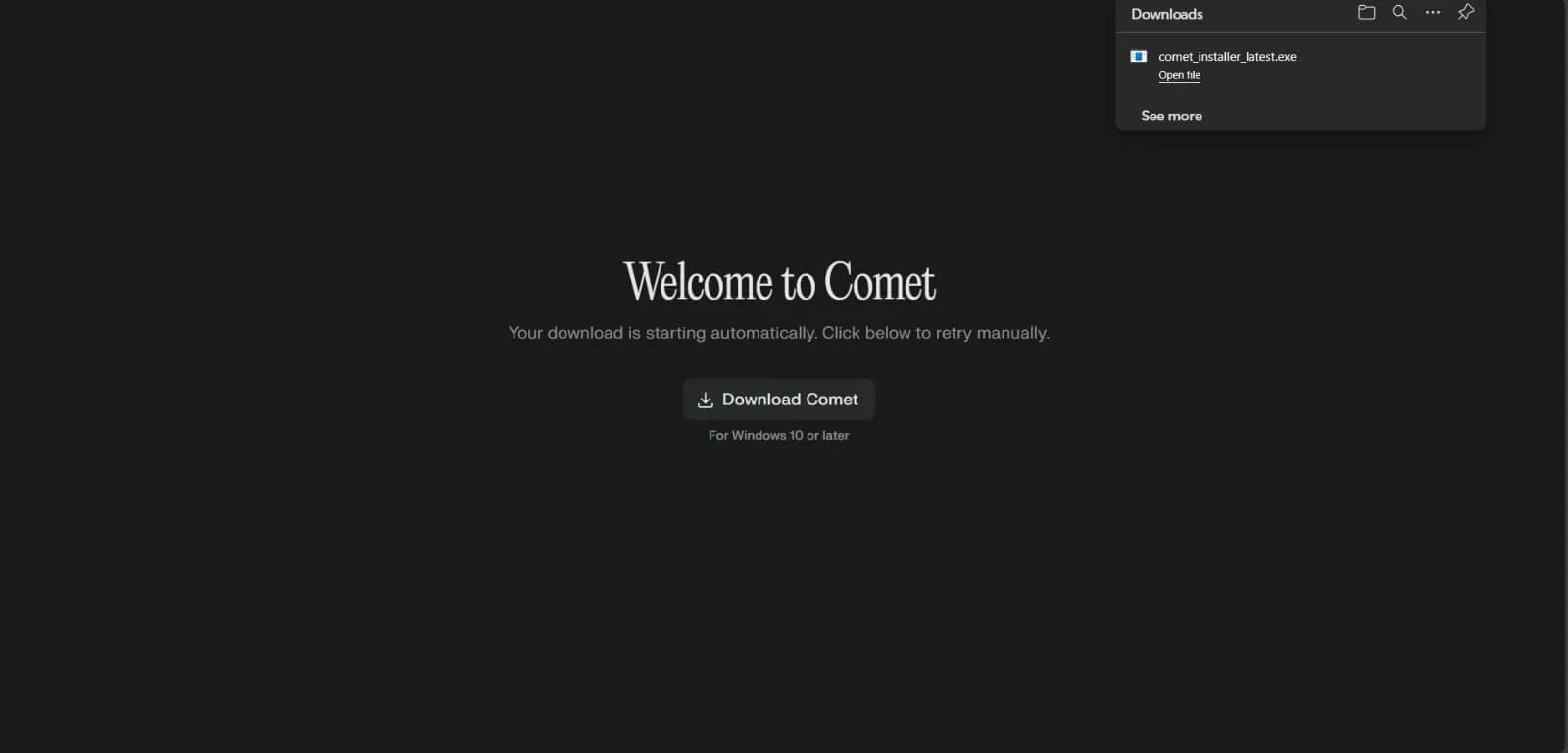 Comet browser homepage showing Download Comet button for Windows 10 and later