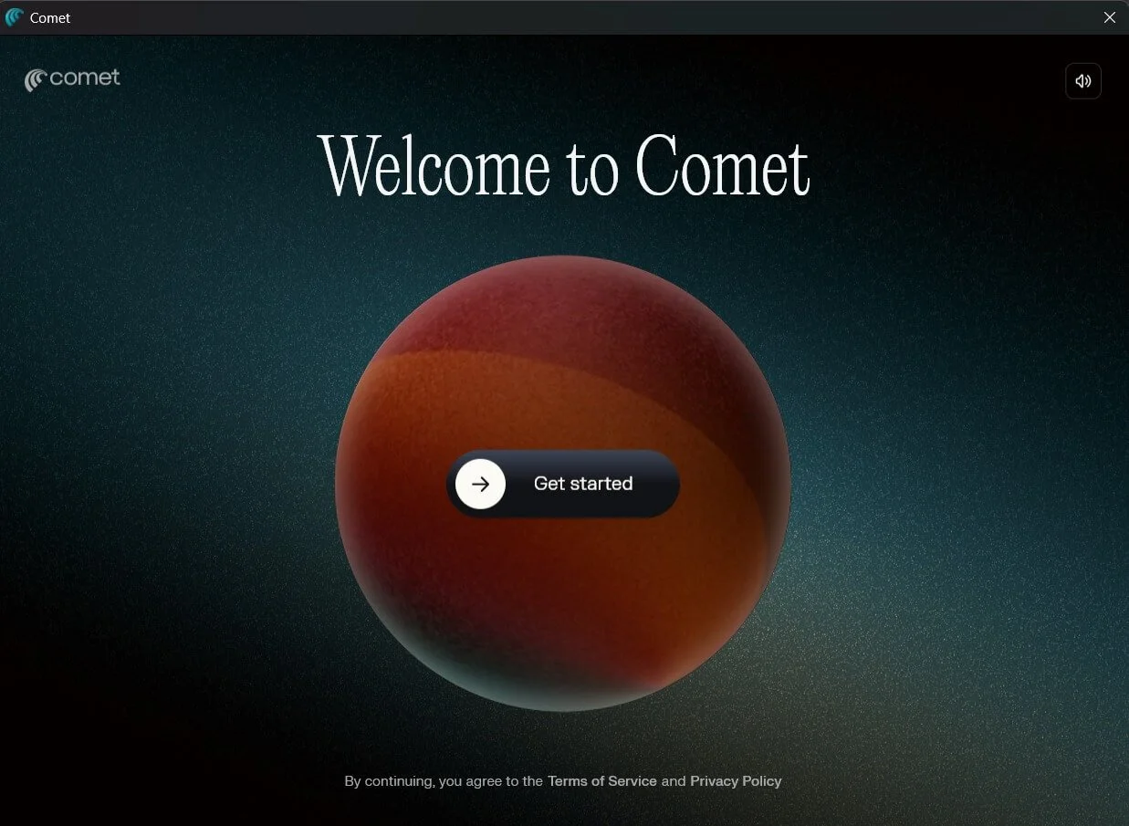 Comet browser Welcome to Comet after installation screen with Get started button