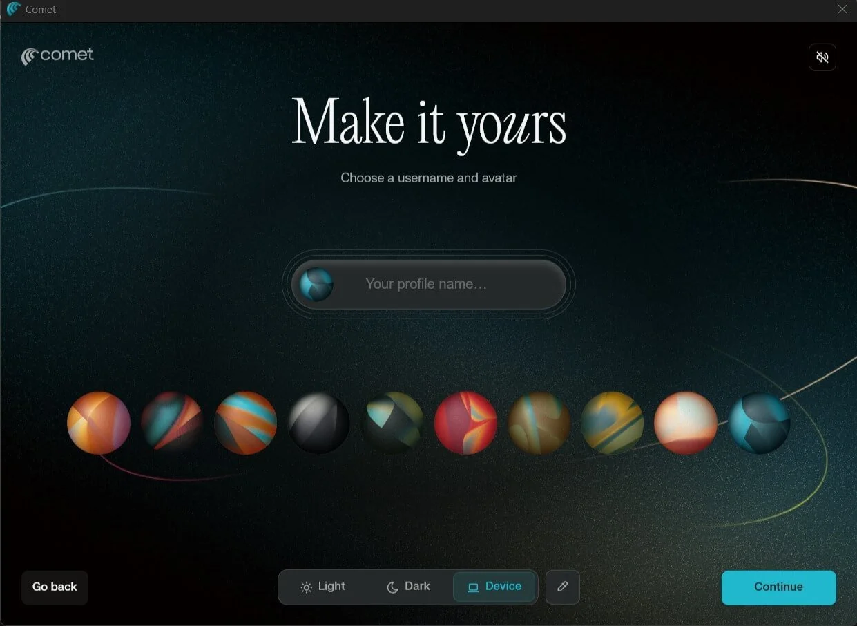 Comet browser profile customization screen with username and avatar selection