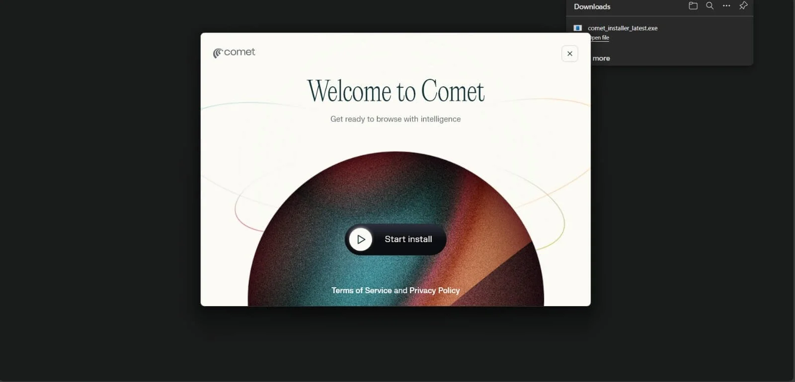 Comet browser Welcome to Comet installation screen with start install button