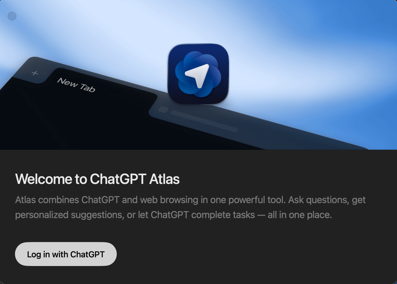 ChatGPT Atlas welcome screen showing getting started message and login button for new users