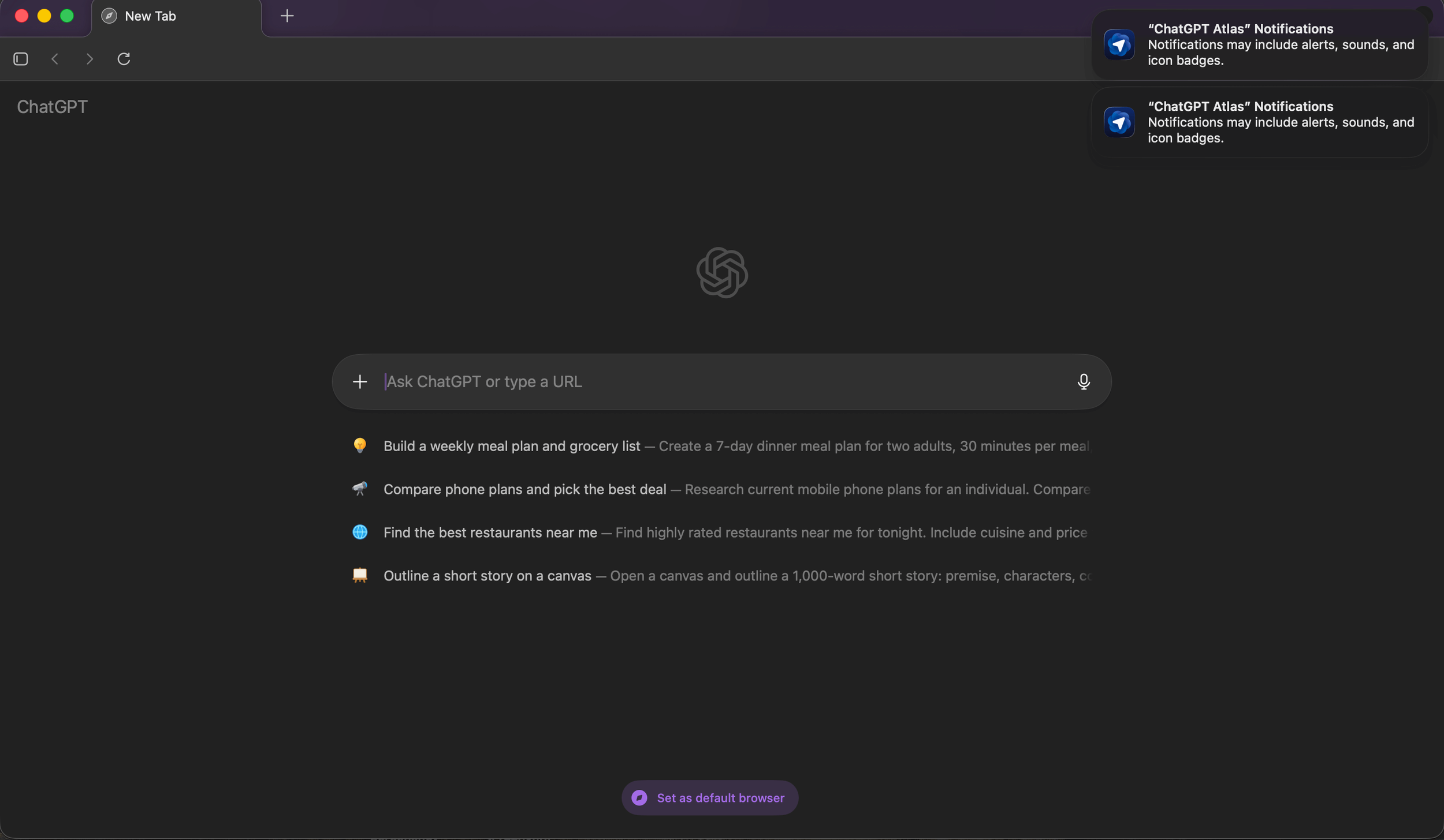 ChatGPT Atlas browser homepage showing search bar and personalized suggestions for new tab