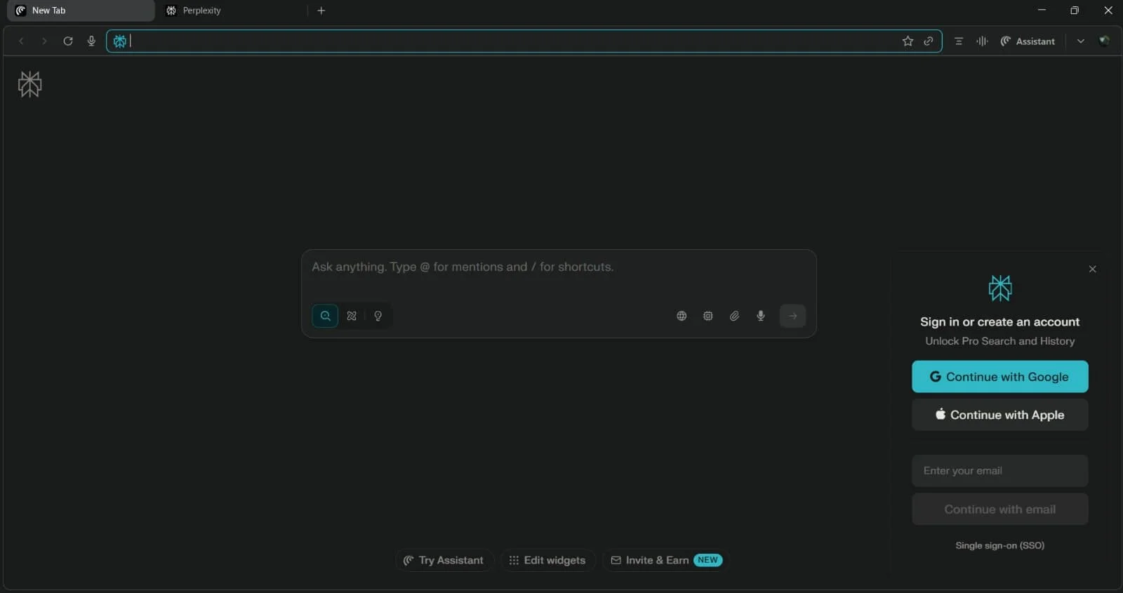 Comet browser main interface showing AI assistant panel and sign-in options