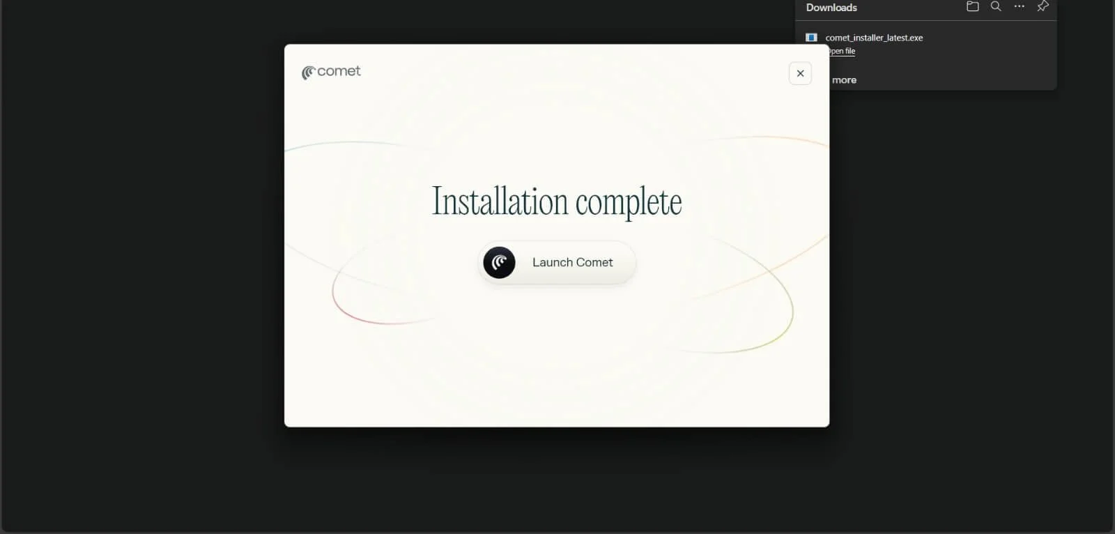 Comet browser installation complete screen with Launch Comet button