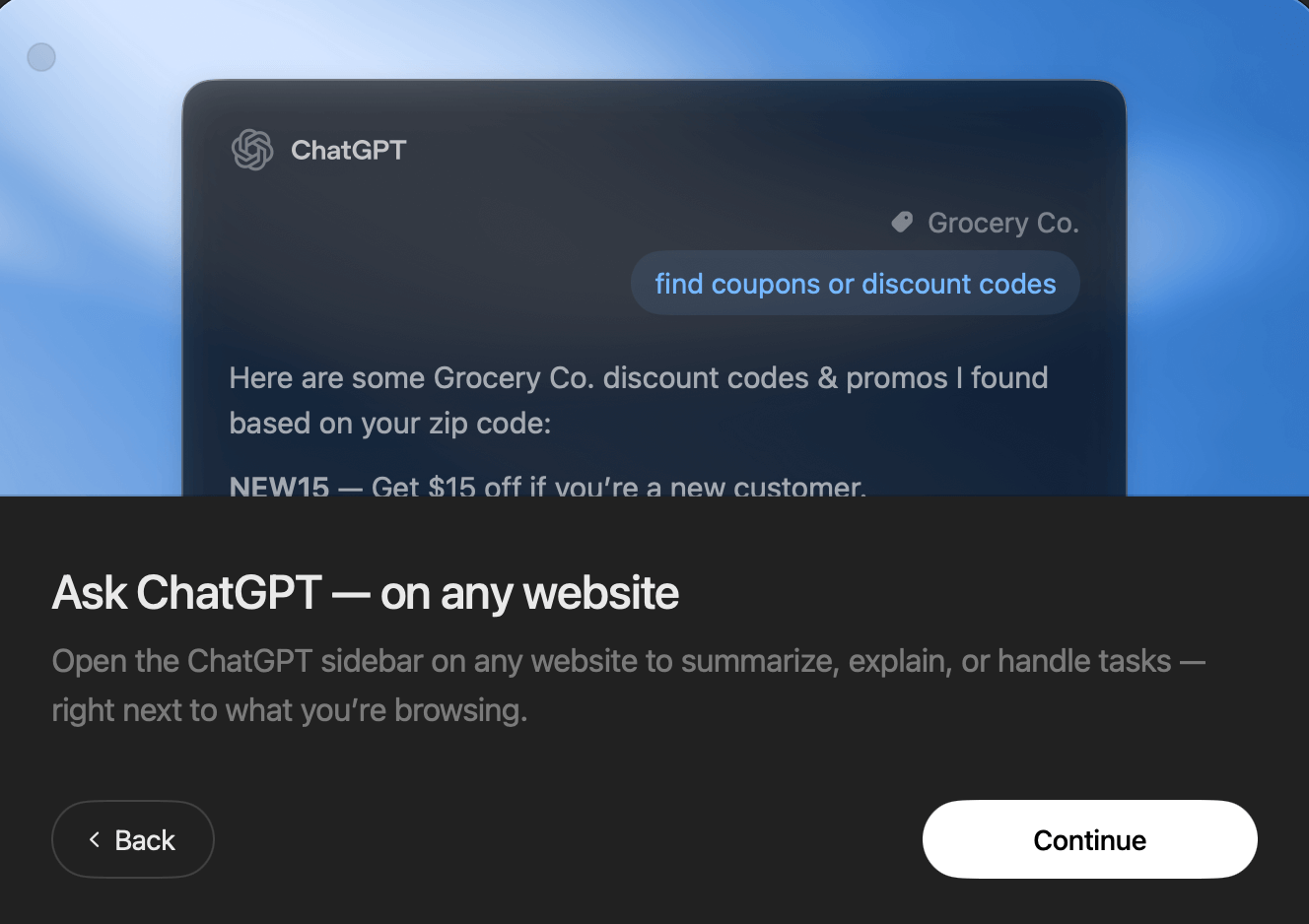ChatGPT Atlas browser showing Ask ChatGPT sidebar feature finding discount codes on grocery website