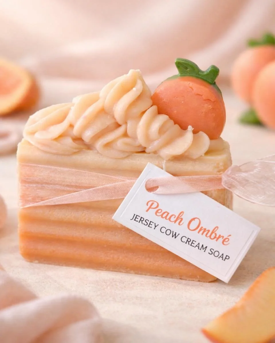 Back in the shop:

Peach Ombr&eacute; cream soap

&bull; Creamy, moisturizing lather
 &bull; Fresh peach fragrance with a hint of sweetness
 &bull; Stunning ombr&eacute; design&mdash;perfect for gifting or display
 &bull; Handmade with care in small 