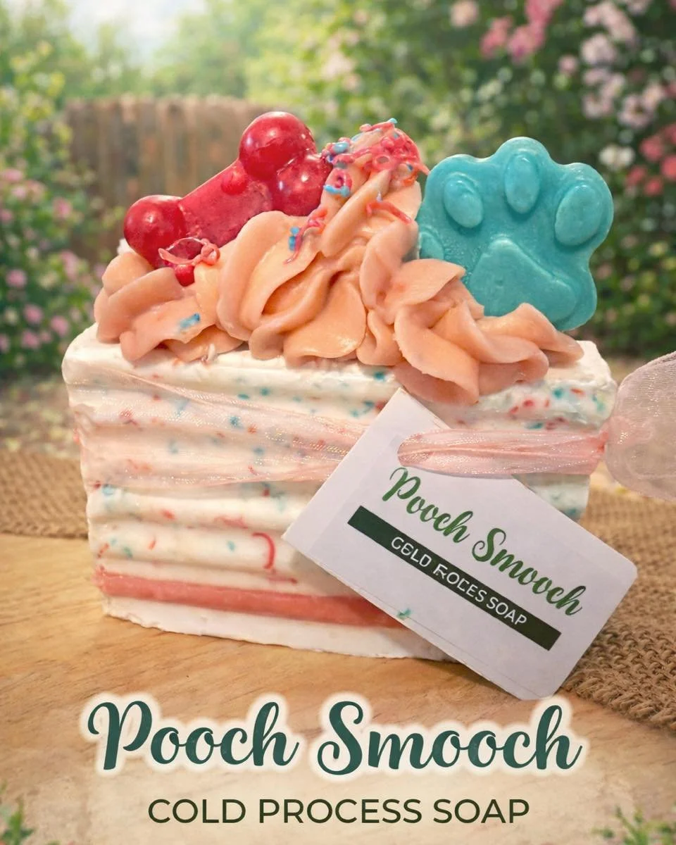 New in the shop:

Pooch Smooch - This popular fragrance is a medley of orange, cucumber, cantaloupe, honeydew, violet, and lily. 

Pooch Smooch is a handcrafted cold process soap designed with dog lovers in mind. 

Made with gentle oils for a rich, c