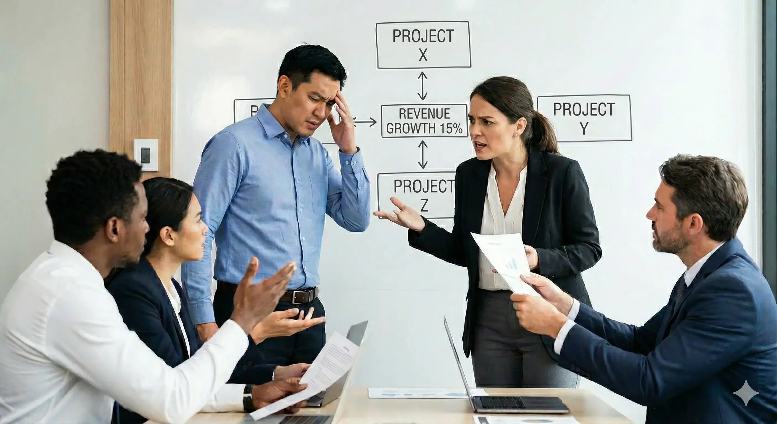 Cross-functional business stakeholders in a tense meeting, illustrating buyer misalignment, competing priorities, and difficulty reaching a confident decision.