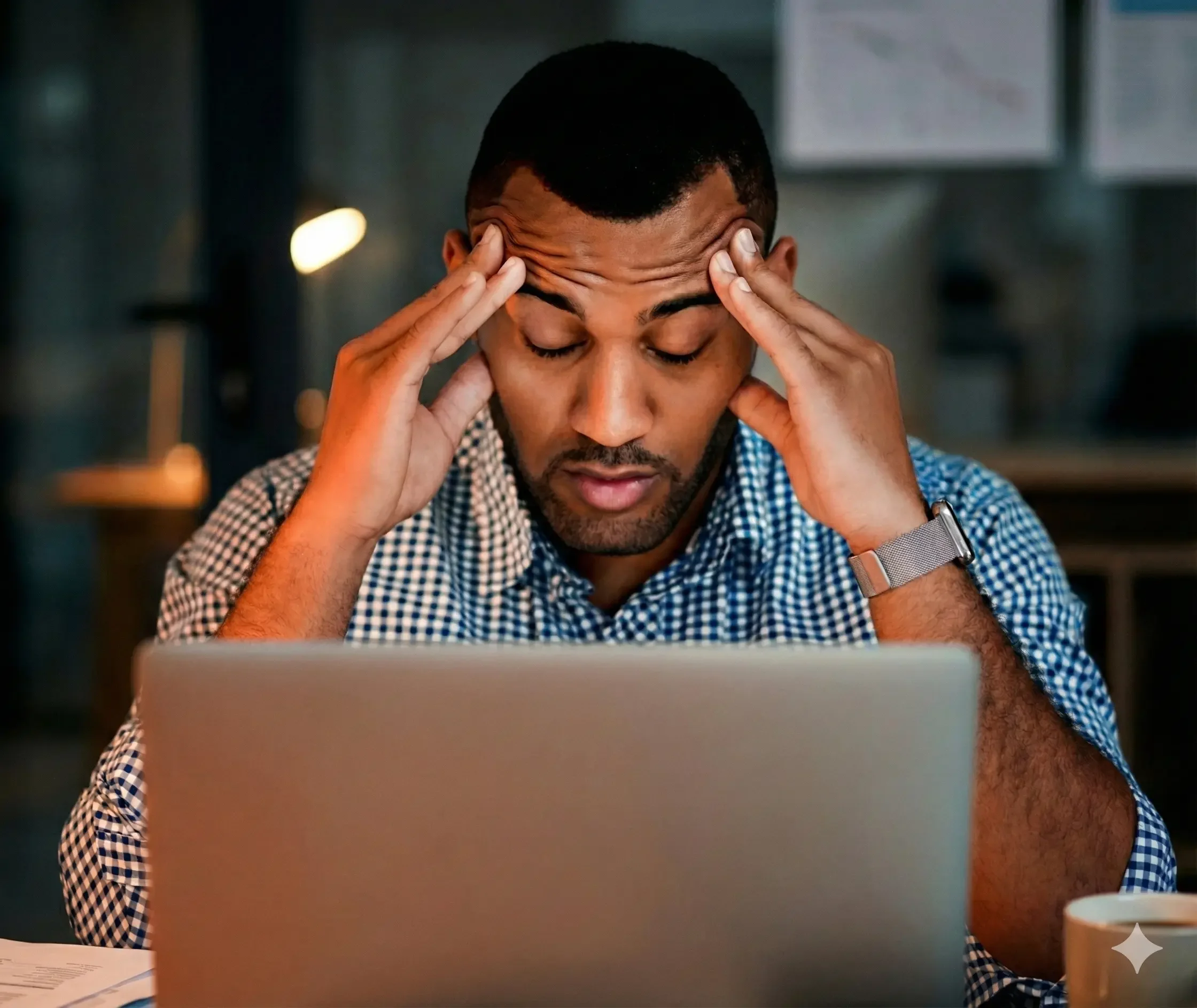 Sales leader overwhelmed at a laptop, representing stalled deals, forecasting pressure, and decision uncertainty during the sales process.