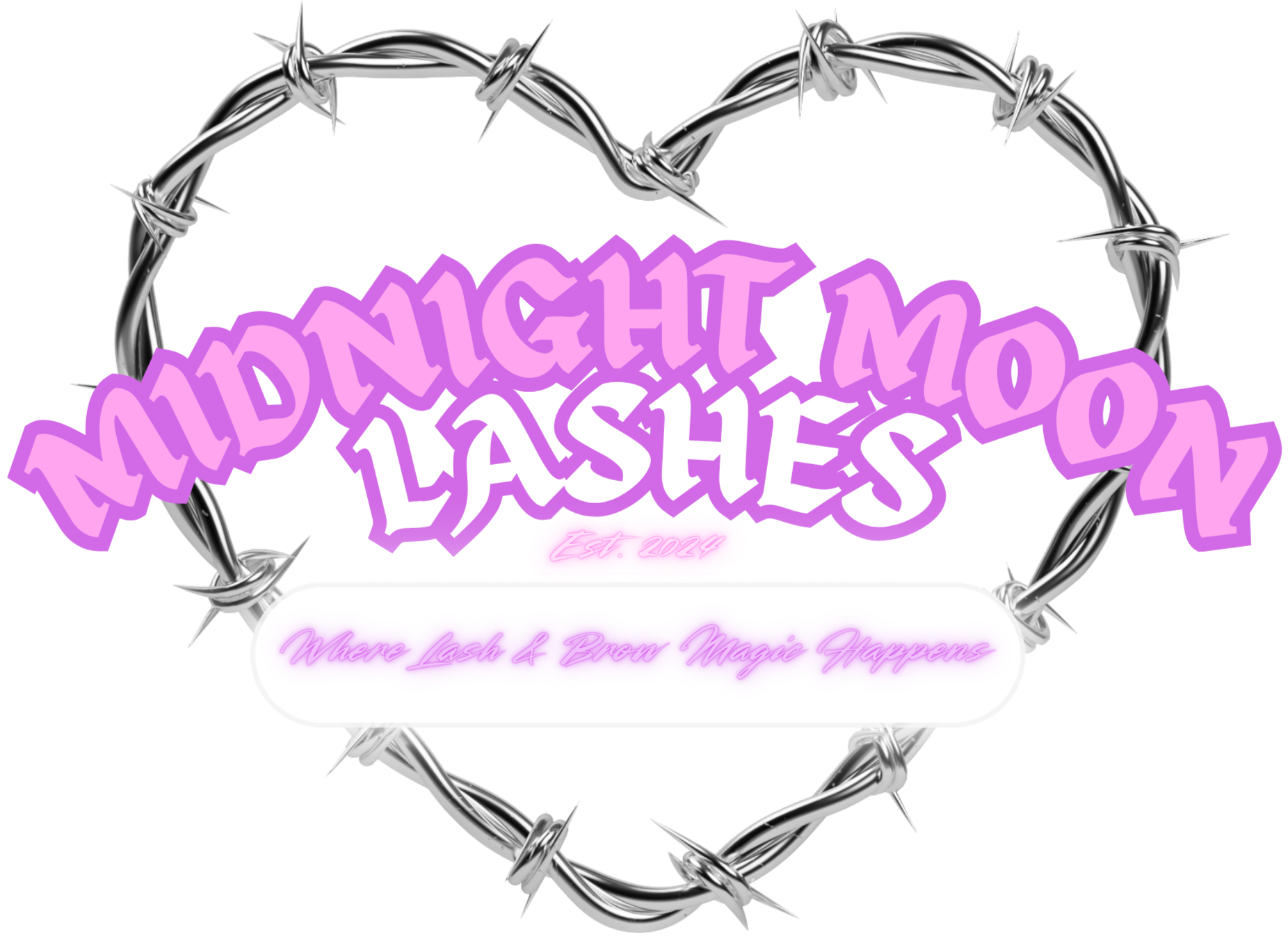 A neon sign reading 'Midnight Moons Lashes' in purple within a heart-shaped crown of silver barbed wire, with a pink glow beneath, and additional text 'Est. 2024' and 'Where Lash & Brow Magic Happens'