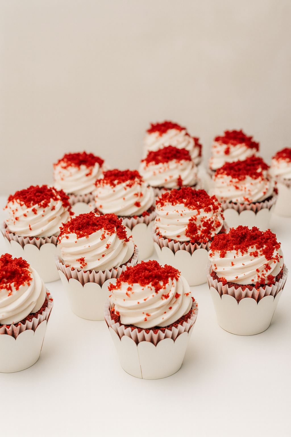 A group of cupcakes with white frosting and red sprinkles, arranged on a white surface.