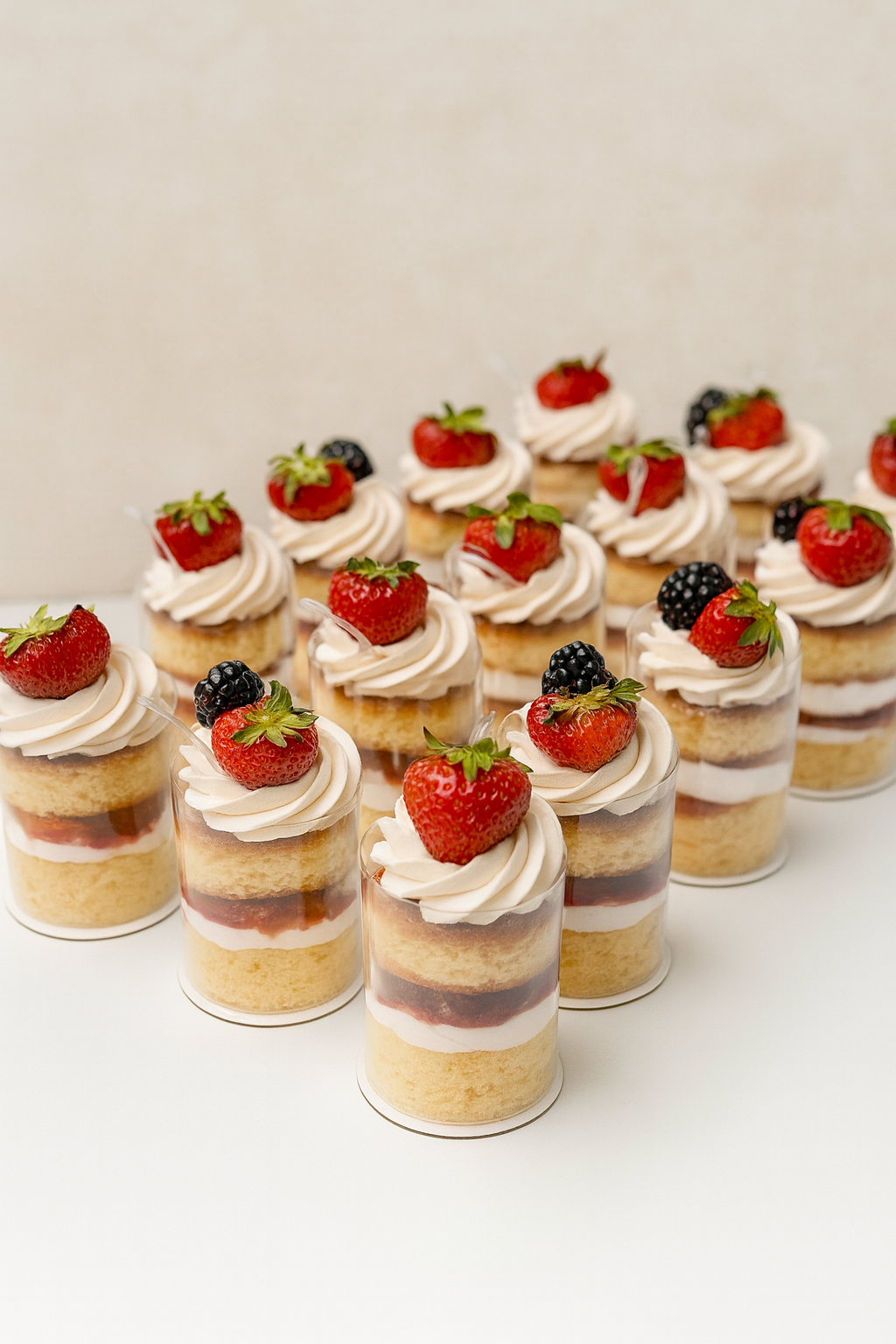 Assorted mini layered berry cakes topped with strawberries and blackberries, served in clear plastic cups.