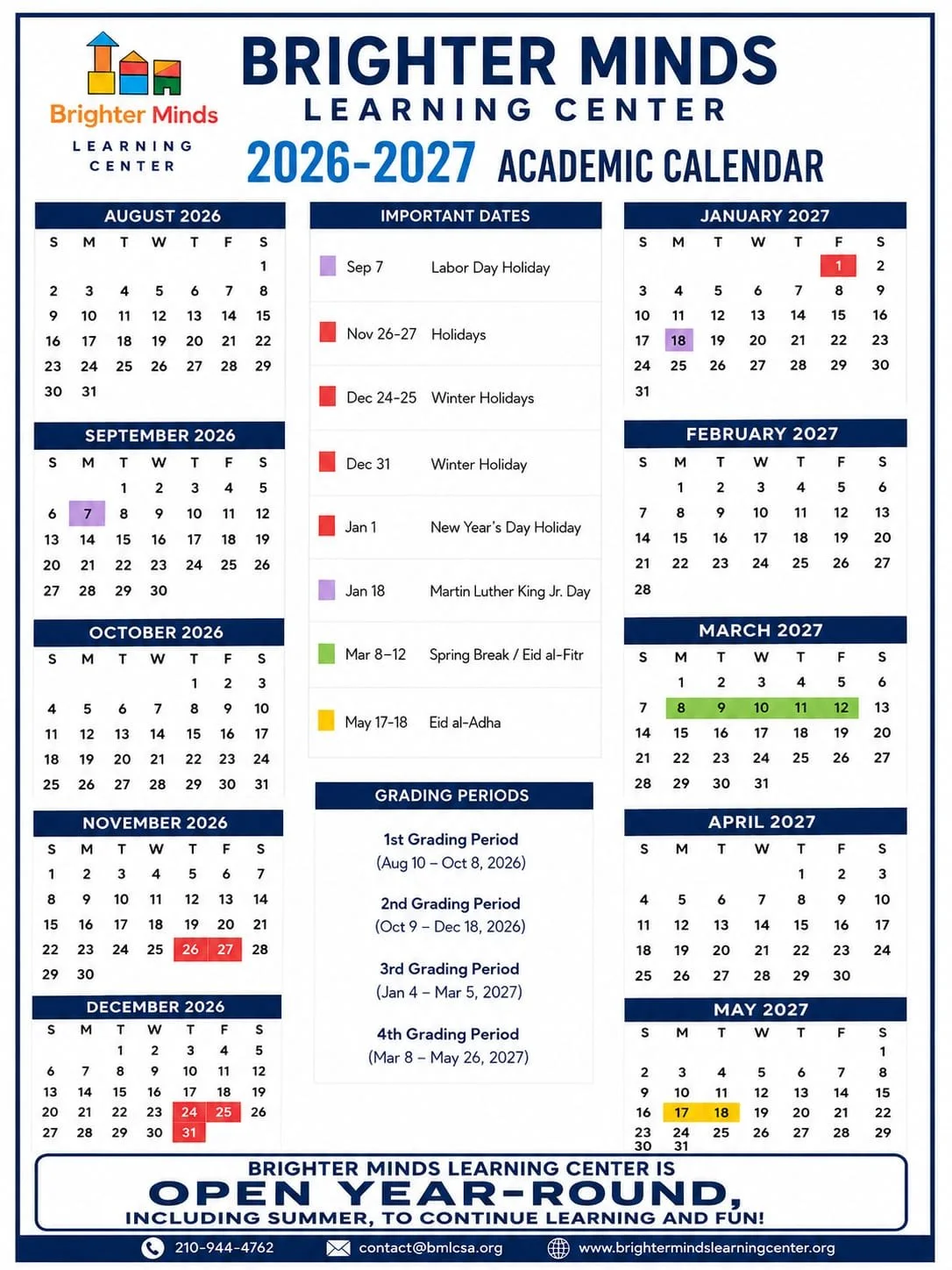Academic calendar for Brighter Minds Learning Center for the year 2026-2027, showing months from August 2026 to May 2027, important dates, grading periods, holidays, and spring break with color-coded highlights.
