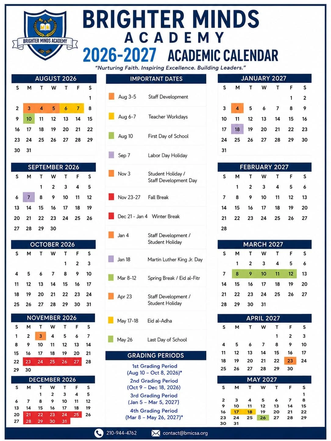 Academic calendar for Brighter Minds Academy for the 2026-2027 school year, showing months from August 2026 to May 2027 with important dates, breaks, holidays, grading periods, and school events.
