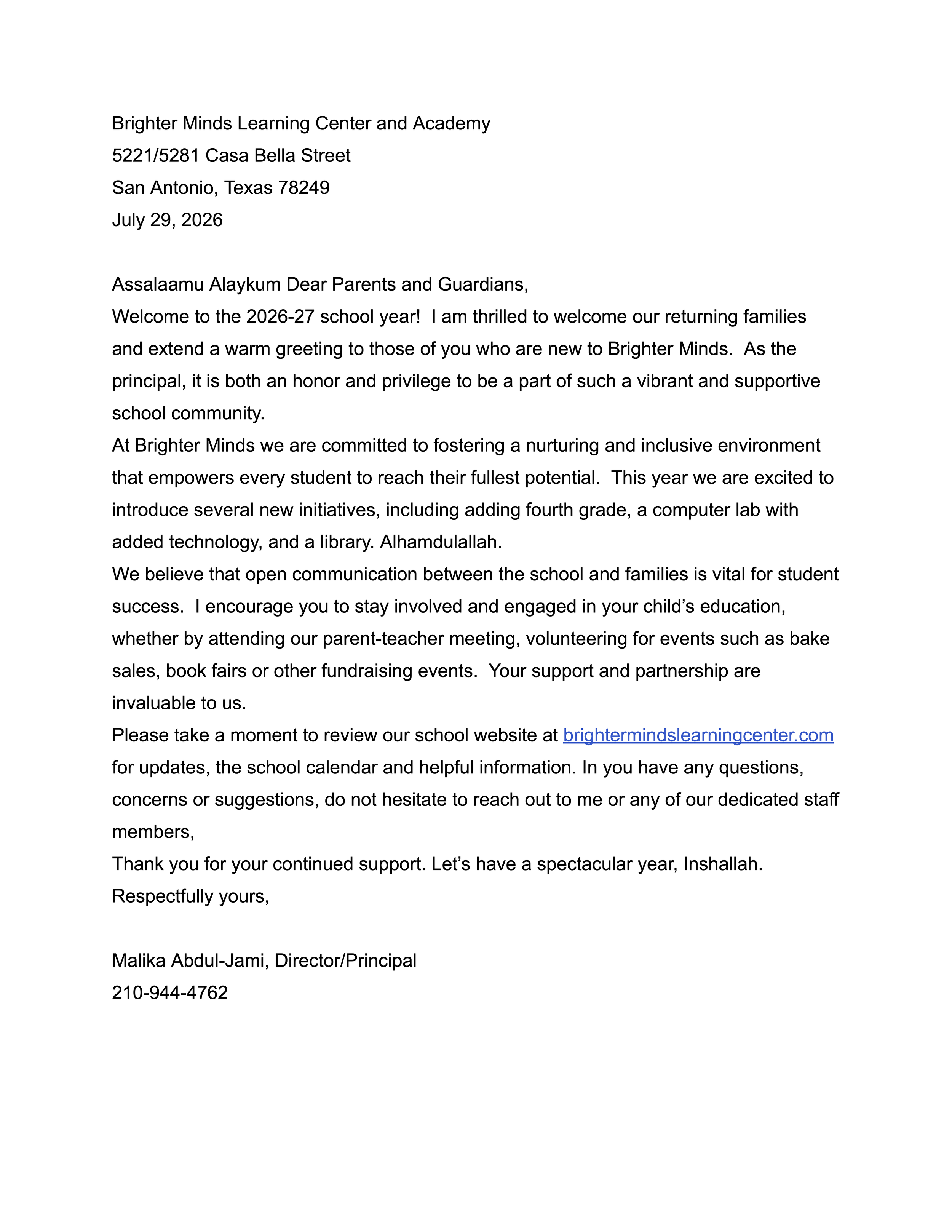 Letter from Brighter Minds Learning Center and Academy welcoming families for the 2026-27 school year, signed by Malika Abdul-Jami.