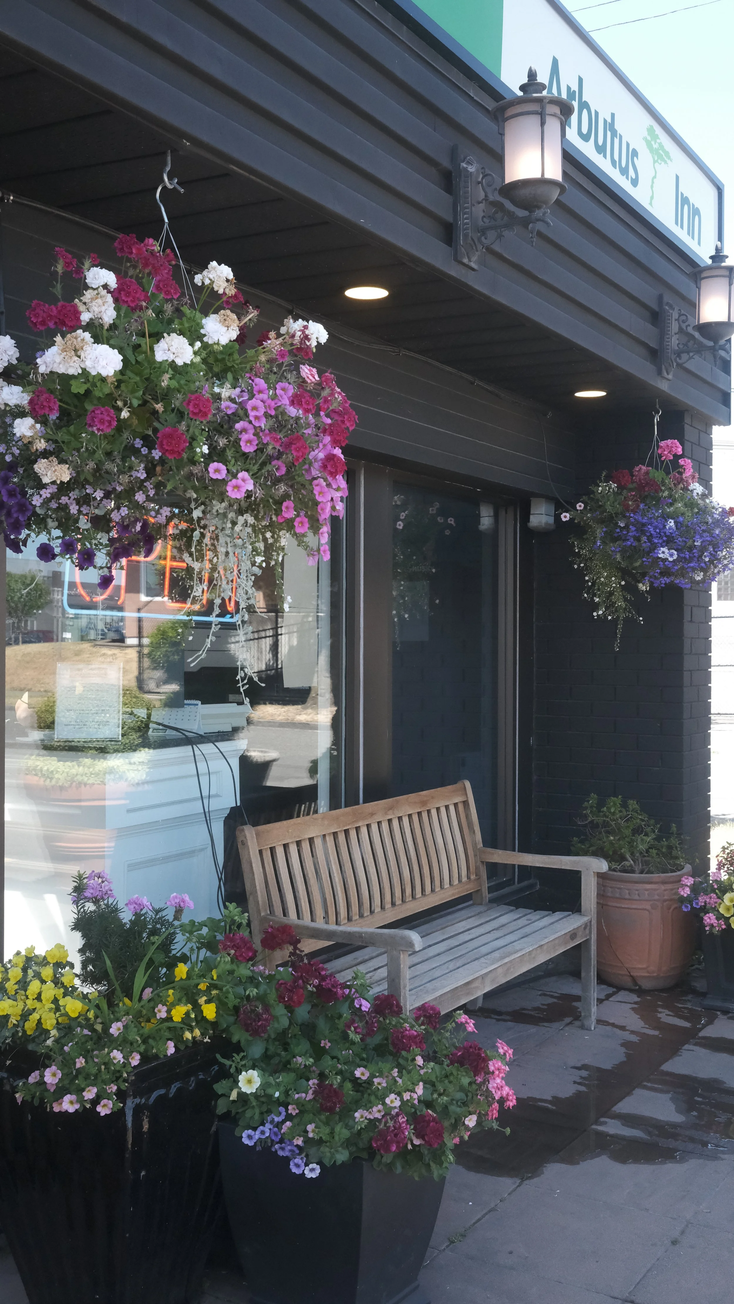 Flowers and Bench Outside Arbutus Inn