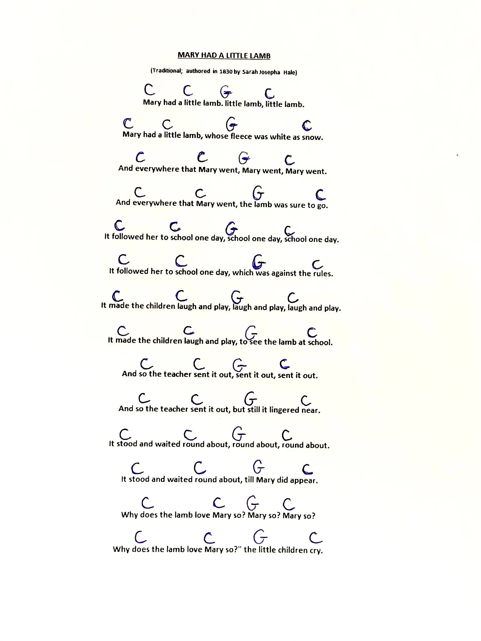 Mary Had A Little Lamb Chord Sheet