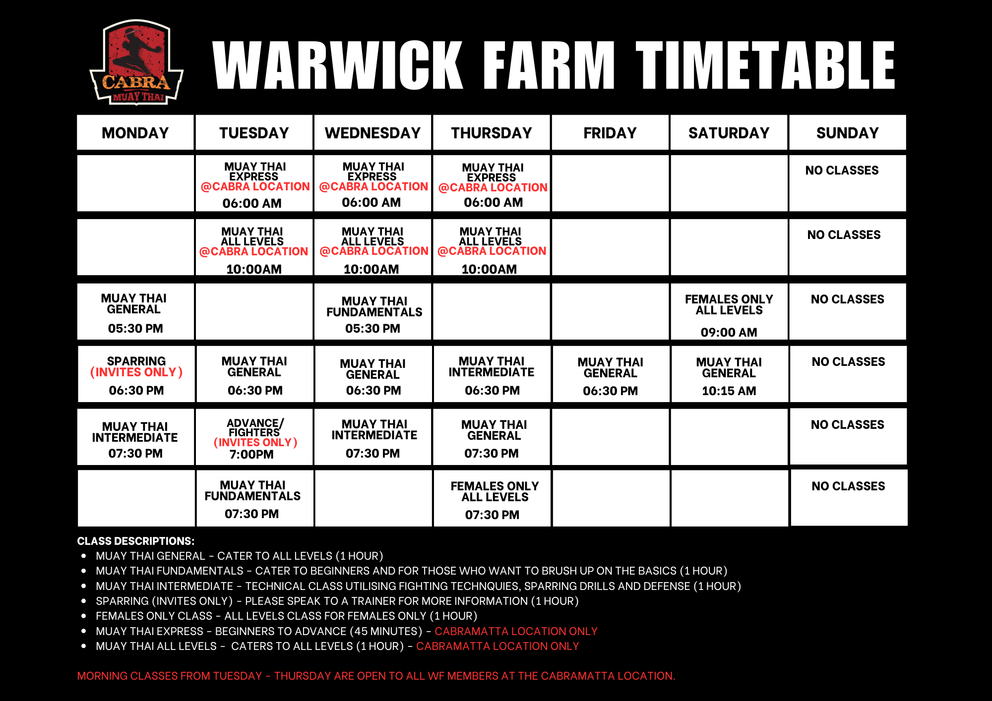 Muay thai and self defence in Warwick Farm/Liverpool Timetable