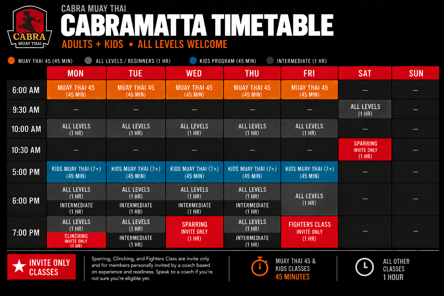 Time table for Cabra Muay Thai - In cabramatta kids and adults beginners to professional