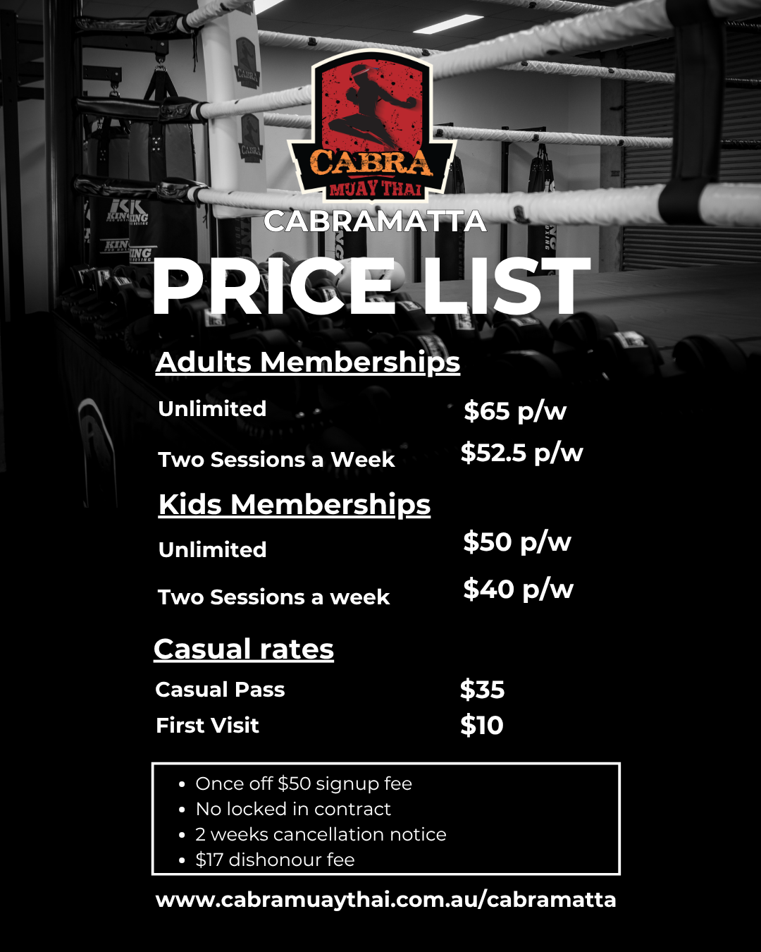 Price list for Cabra Muay Thai in Cabramatta, showing membership options and casual rates, with a background of a boxing gym.