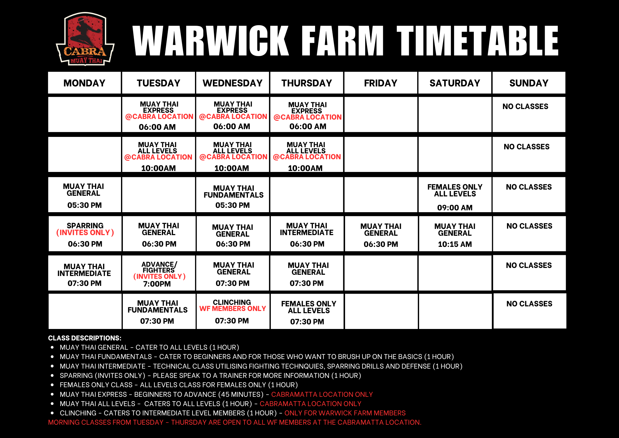 Cabra Muay Thai Gym Timetables - Warwick farm liverpool for beginners and pros