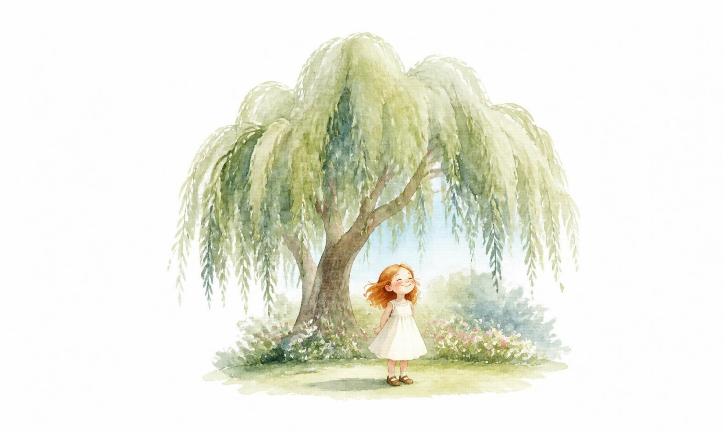 A water colour image of a happy child beneath a willow tree.